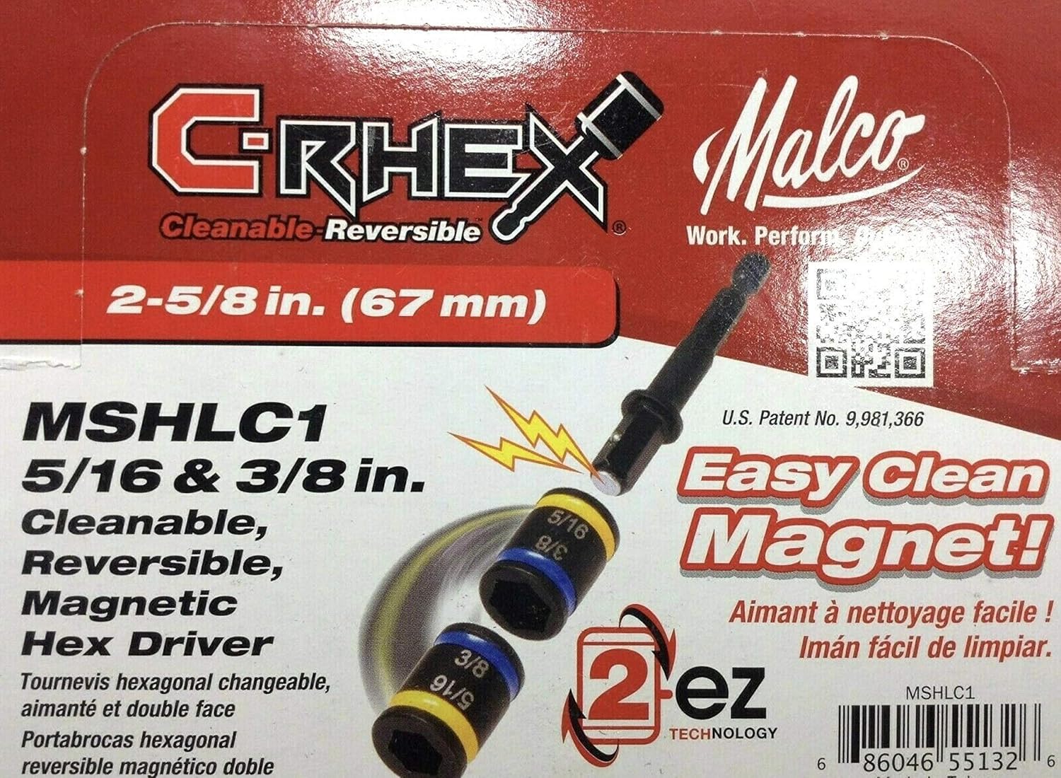 Malco 5/16 & 3/8 x 2-5/8" Dual Sided Hex Driver~ Cleanable, Reversible, Magnetic. Easy to Clean- MSHLC1