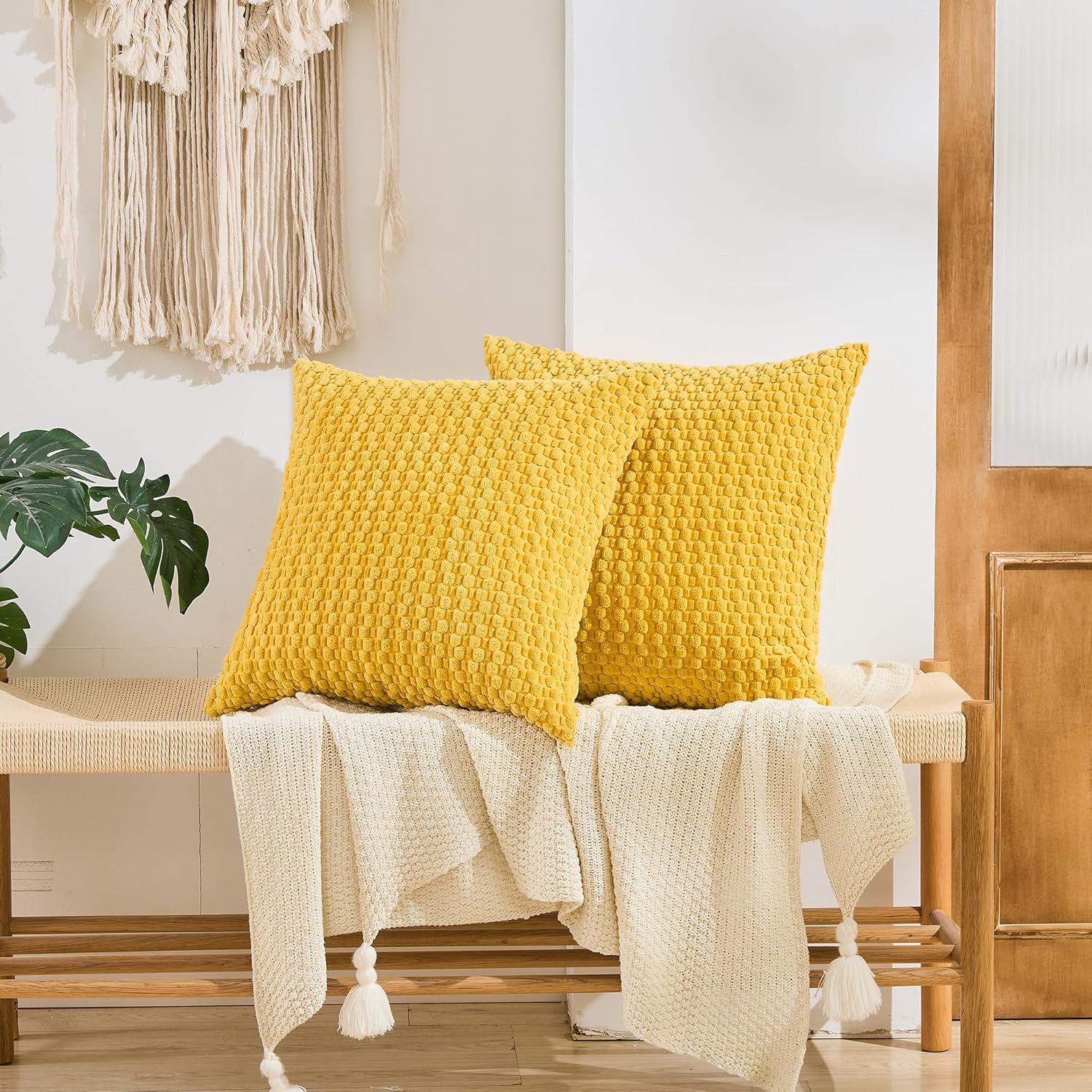GAWAMAY Decorative Throw Pillow Covers 18x18 Inch Set of 2 for Living Room Couch Bed Sofa, Farmhouse Square Cushion Cover Soft Striped Corduroy Pillow Cases Boho Accent Home Decor (45x45cm) Yellow - Image 4