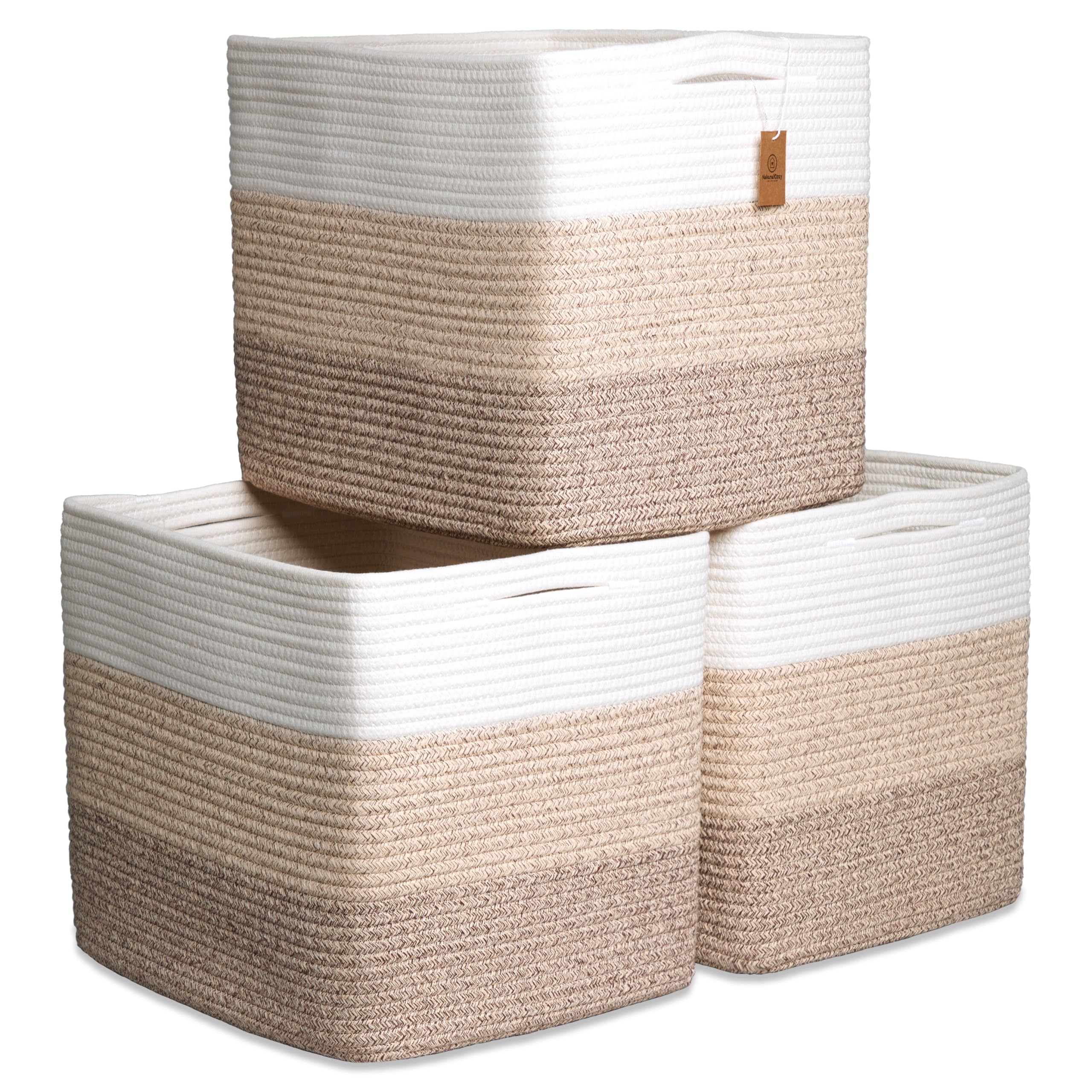 NaturalCozy 13x15x13 Kallax Storage Cubes Bins, 3 Pack | Cotton Rope Cube Storage Bin Woven Baskets for Organizing | Kallax Insert Storage Baskets for