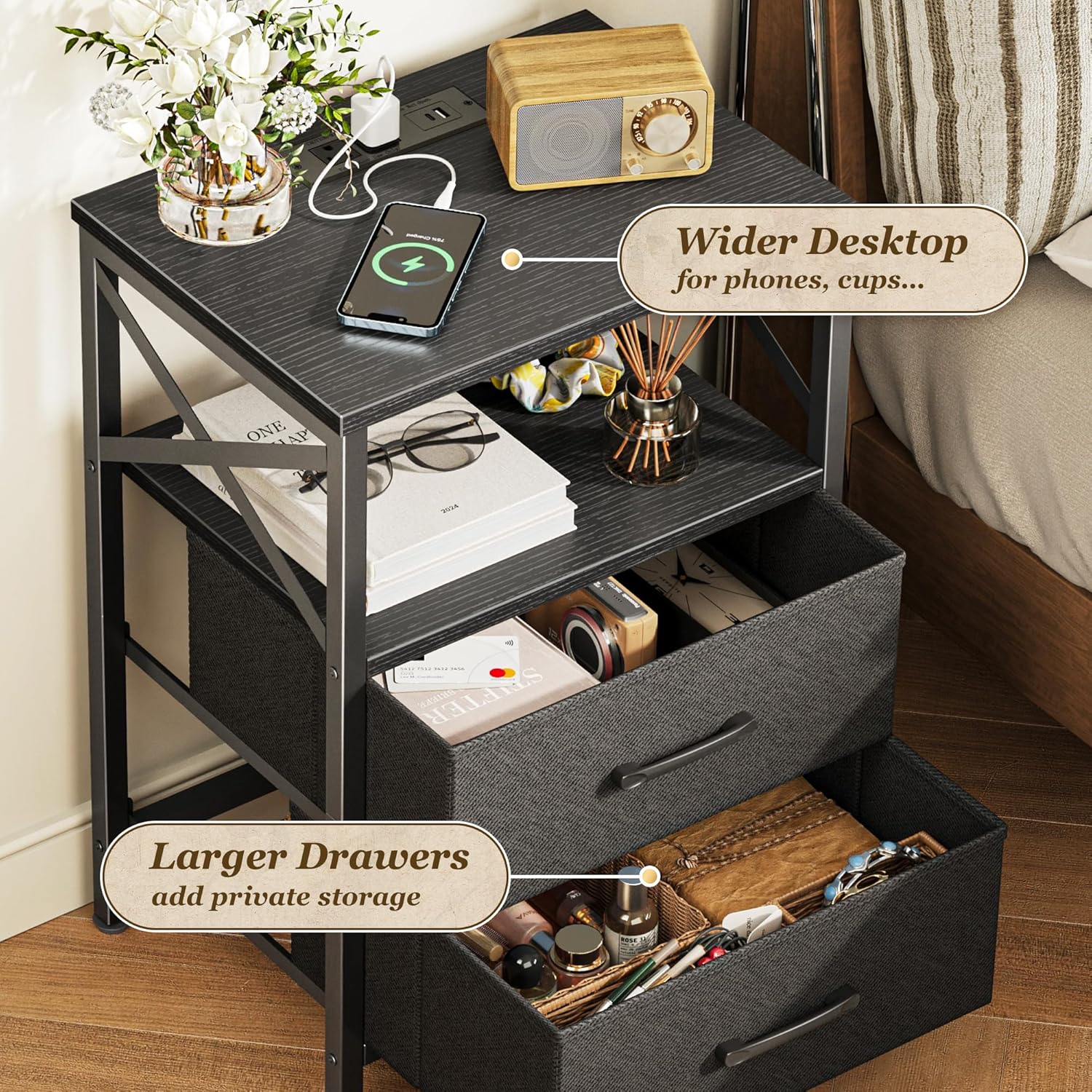 Huuger Nightstands Set of 2, Night Stand with Charger Station, 2 Drawer Side Table with Open Shelf, USB-C Port, End Table for Small Spaces, X Shaped Side Rail, Black