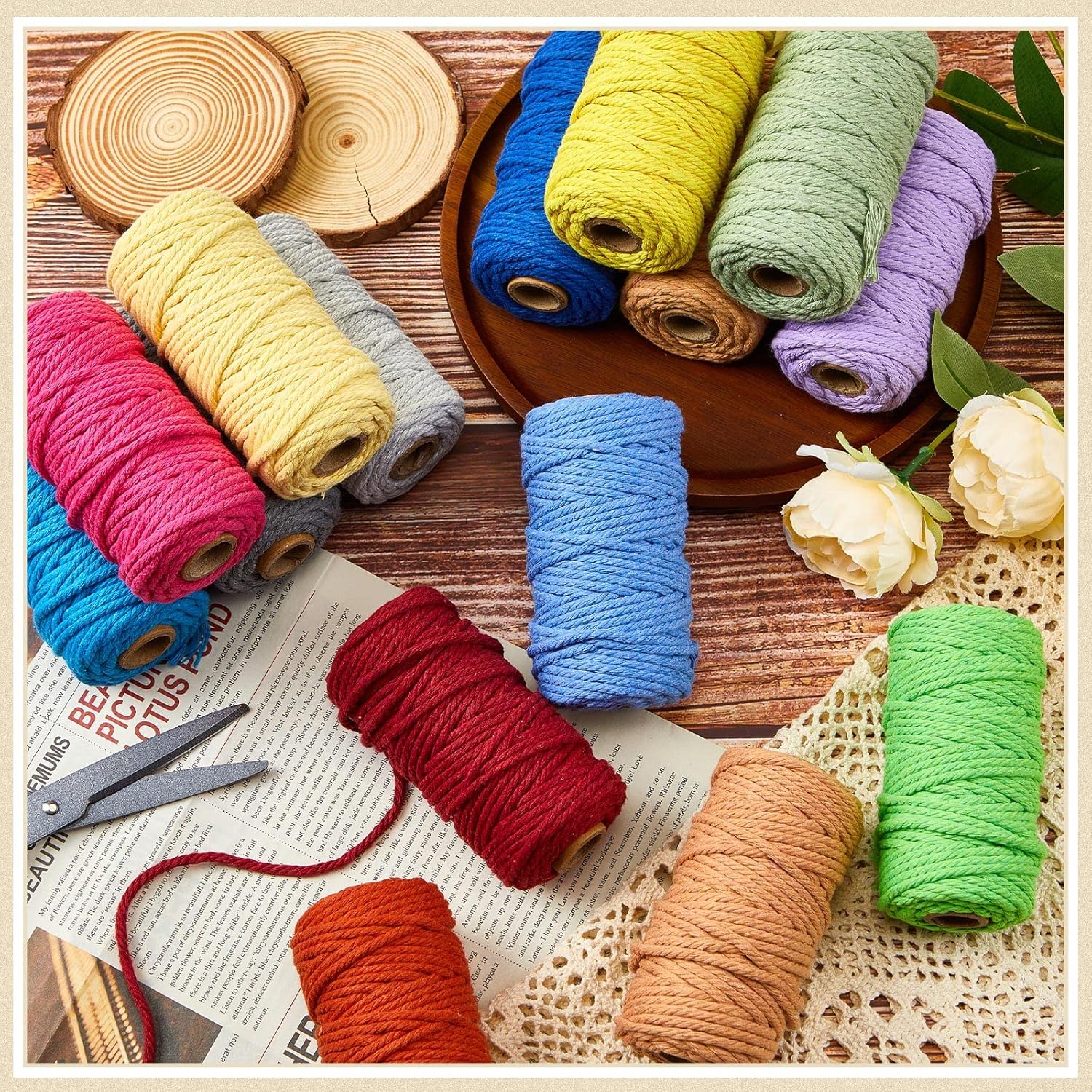 36 Rolls Macrame Cord 3 mm x 1188 Yards Natural Cotton Macrame Rope 4 Strand Twisted Soft Colored Macrame Supplies for DIY Crafts, Wall Hanging, Plant Hangers, Crafts, Knitting(Colorful)