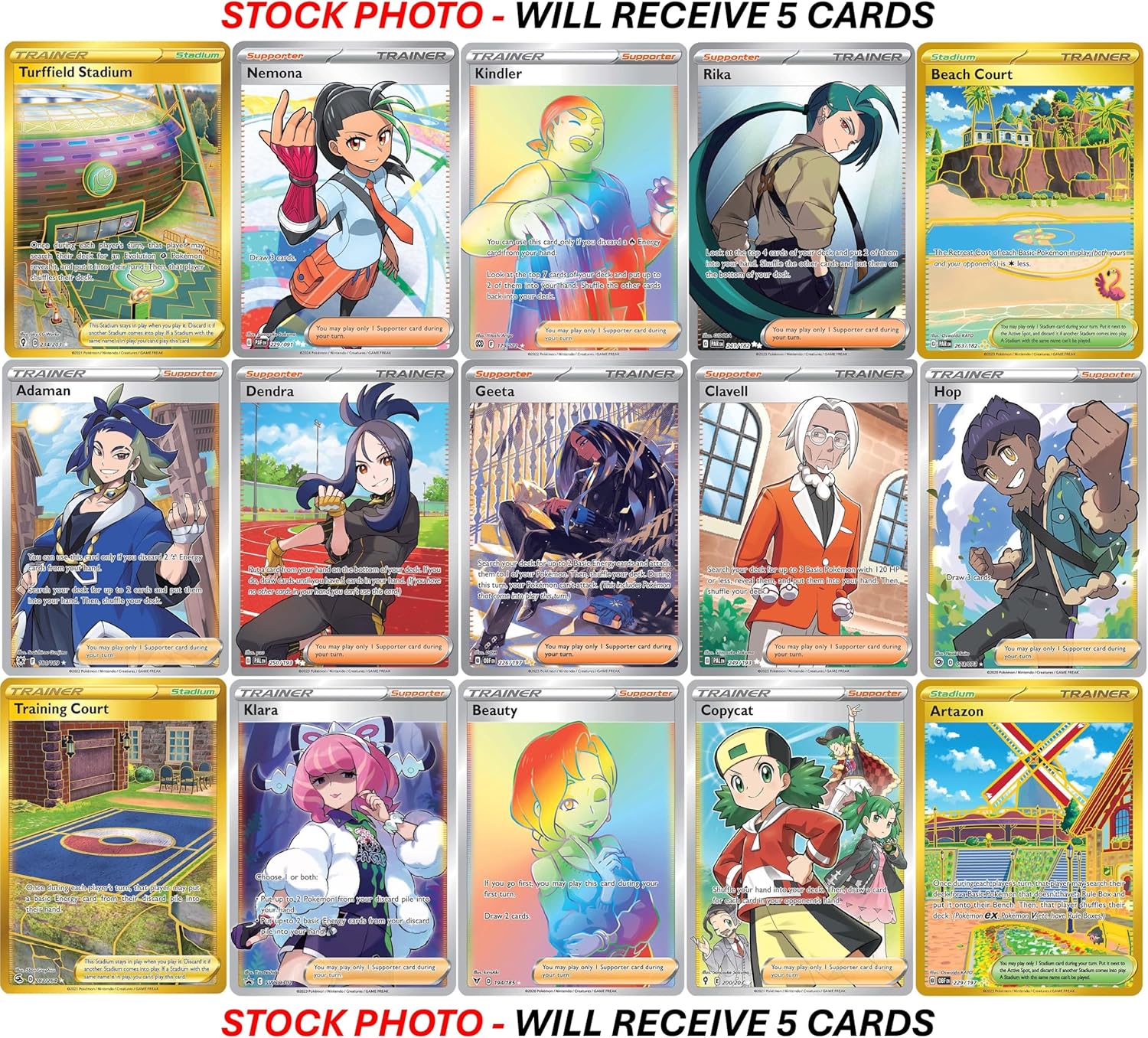 Pokemon 5 Full Art Trainer Card Lot - X1 Secret Rare, X4 Full Art Etched Cards - No Duplicates