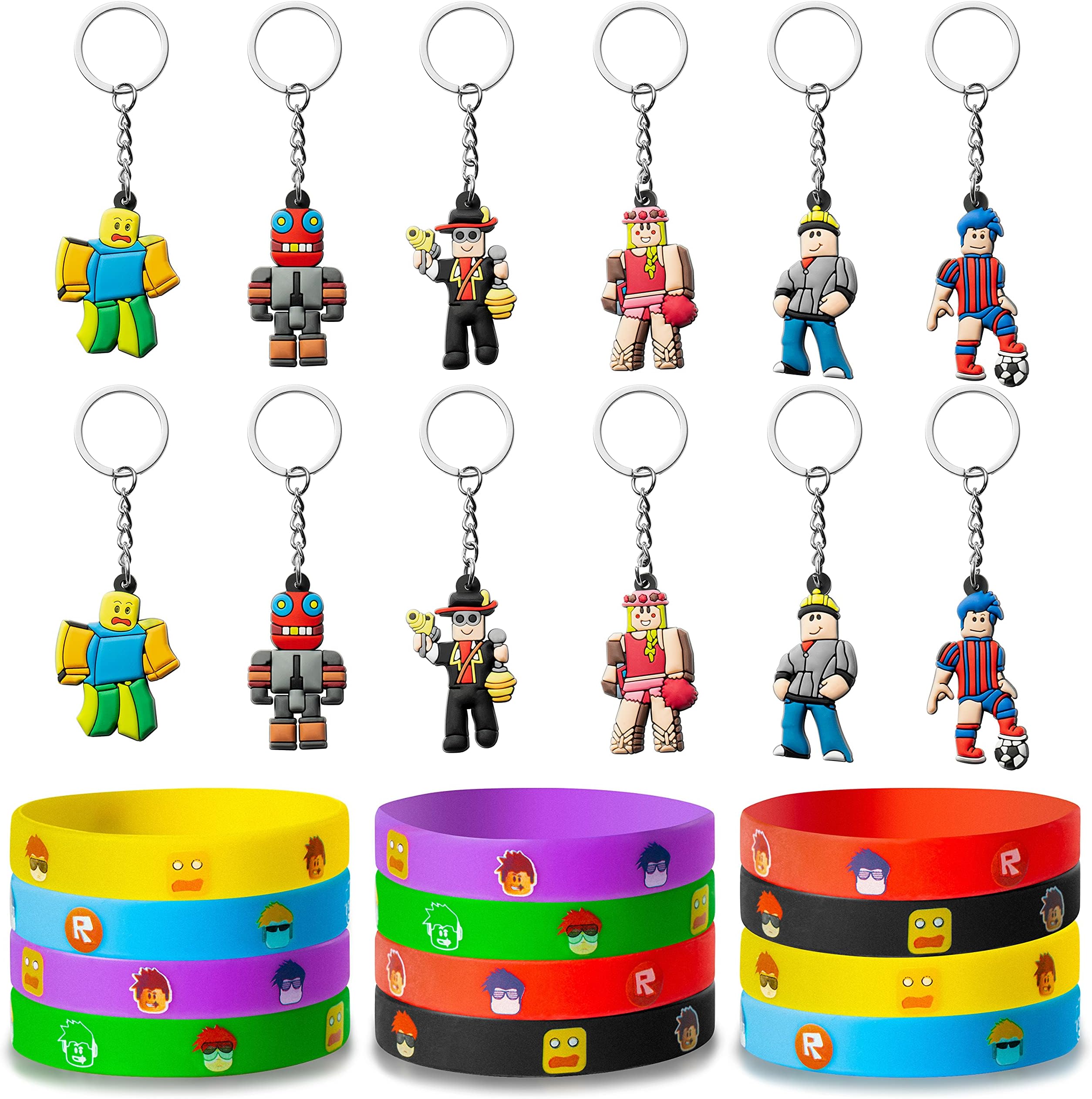 6sisc24Pcs Robot Blocks Party Favors Set Include 12 Bracelets and Keychains for Video Game Fans Colored Silicone Wristbands Rubber Key Chains Supplies Kids Birthday Themed Party, Multicolor, S