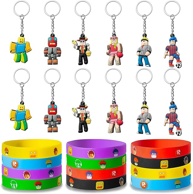 6sisc 24Pcs Robot Blocks Party Favors Set Include 12 Bracelets and Keychains for Video Game Fans Colored Silicone Wristbands Rubber Key Chains Supplies Kids Birthday Themed Party, Multicolor, S