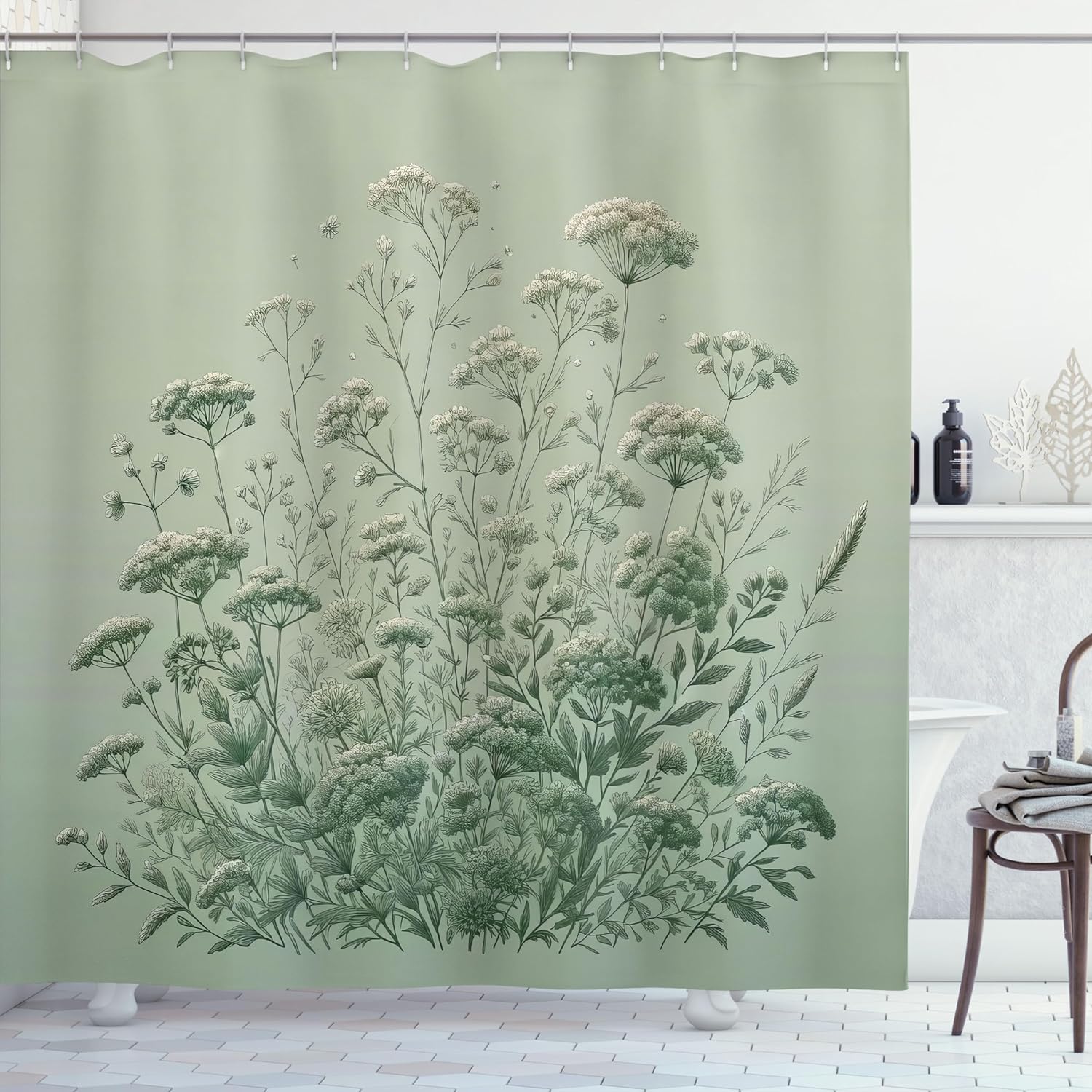 Ambesonne Sage Green Shower Curtain, Botanical Composition of Wildflowers with Forest Tones Boho Urban Jungle, Cloth Fabric Bathroom Decor Set with Hooks, 69" W x 84" L, Pale Teal Emerald