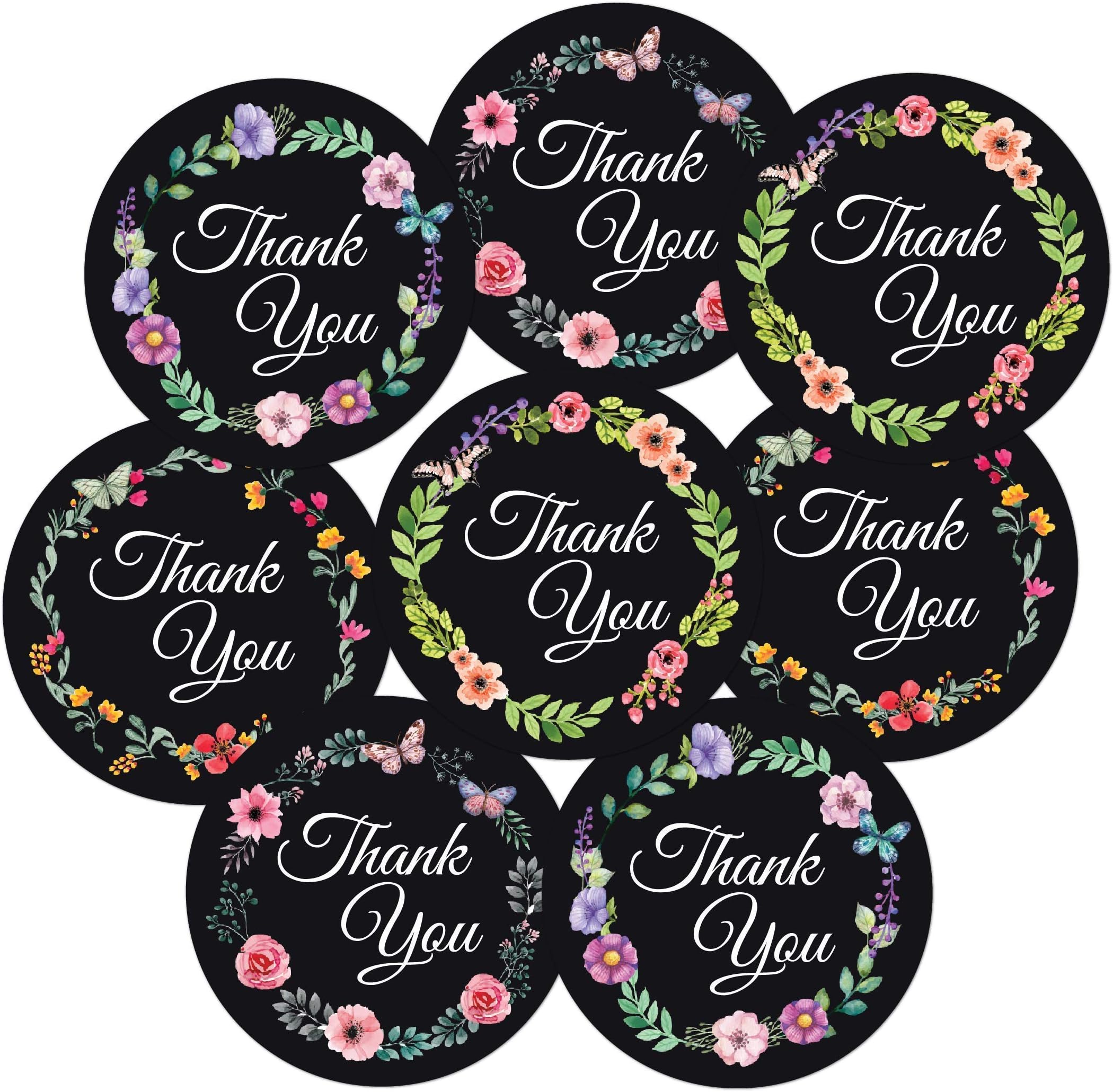 Elegant Floral Thank You Party Stickers, 40 Count, 2 Inches, Round, 4 Unique Designs