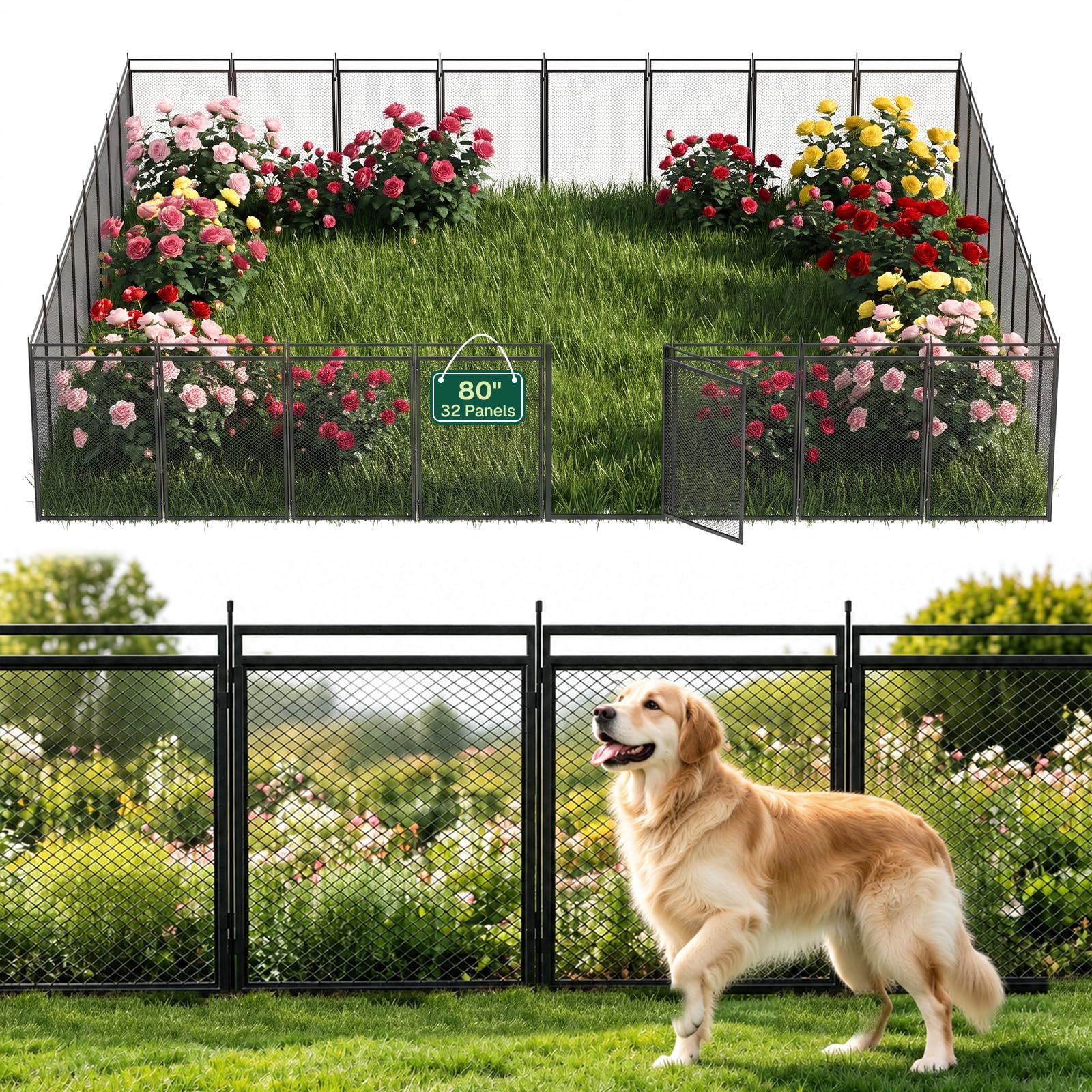 Garden Fence Animal Barrier, 32inch 32 Panels Rustproof Metal Fence Panels for Yard, Gapless Mesh Decorative Garden Fencing Border, Temporary Dog Fence Outdoor for Yard, Patio Flower Bed Edging