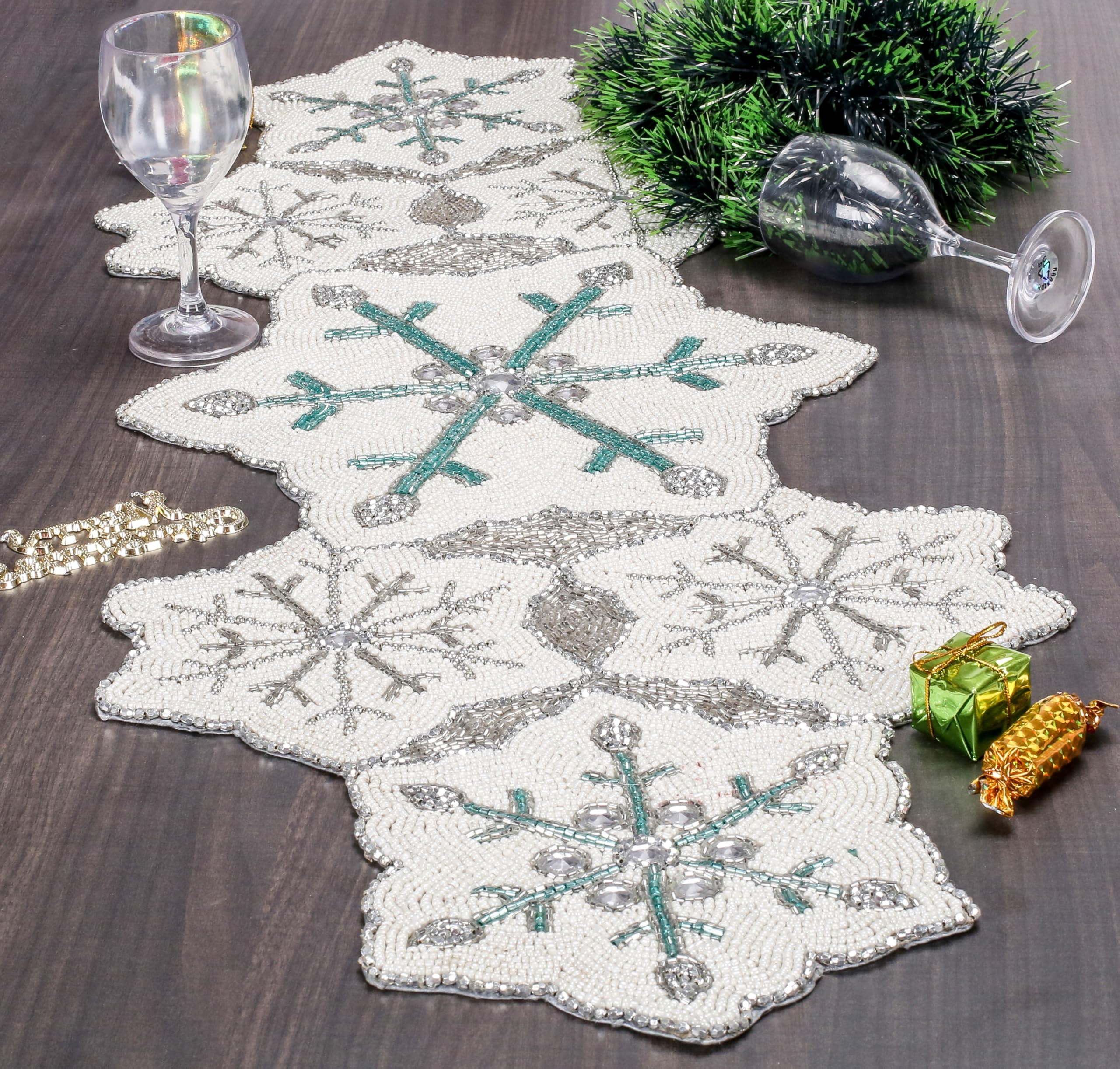 Beaded Table Runner Boho Handcrafted Table Runners Rustic Farmhouse for Bohemian Kitchen Dining, Premium Holiday, Christmas & Wedding Decor (White,