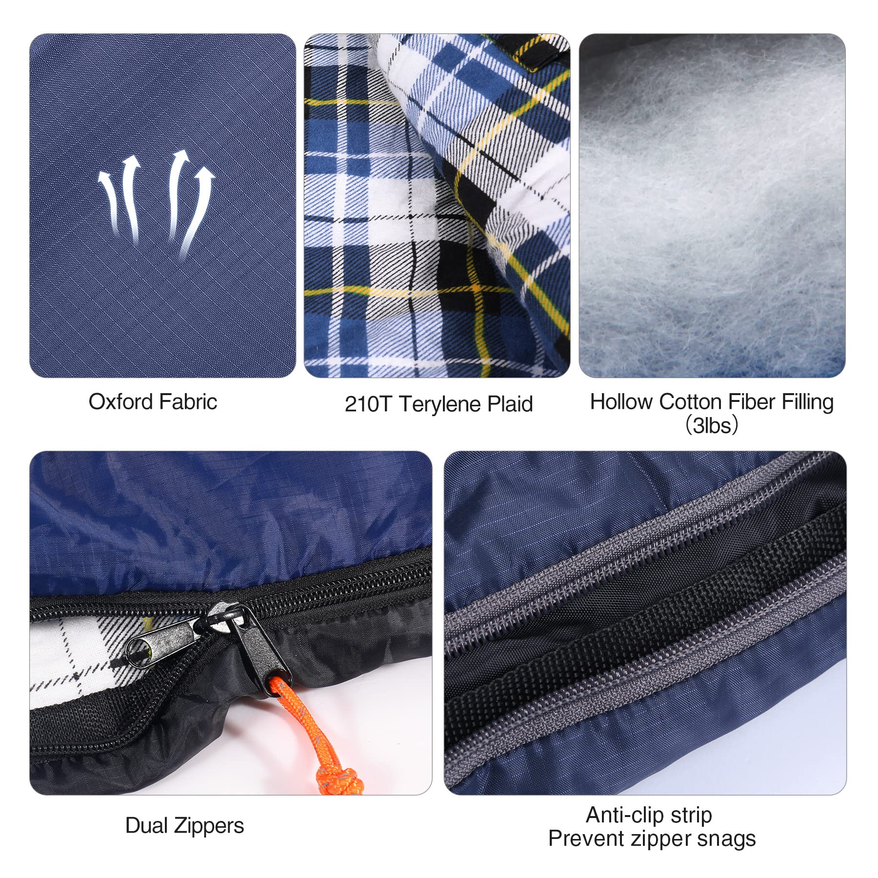 REDCAMP Flannel Sleeping Bag for Adults, Large Cotton Sleeping Bags for Camping with Detachable Hood, Blue Plaid with 3lbs Filling
