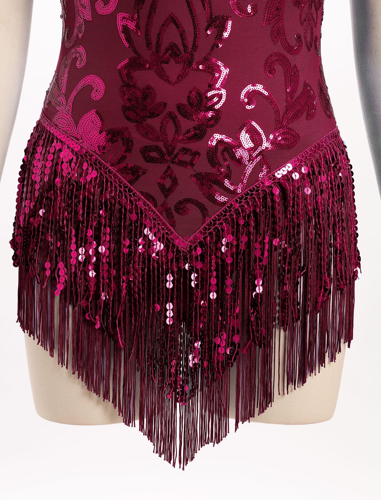 IBAKOM Women Sexy Sequins Fringe Bodysuit Sparkly Tassel Latin Jazz Dance Acrobat Costume Adult Trapeze Artist Rave Outfits: Wine Red Large
