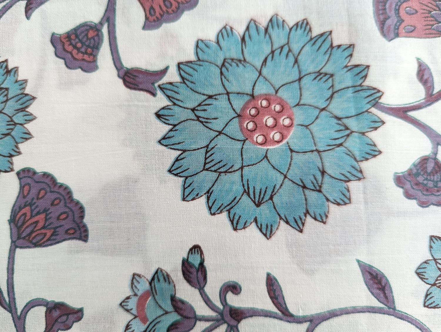 AVKA Studio Hand Block Print Fabric by the yard - PRECUT 3 yard 42 Inch Width - 100% Cotton Material - Blue & White Floral Pattern - Light Weight Indian Cloth for making Summer Dress tops projects etc