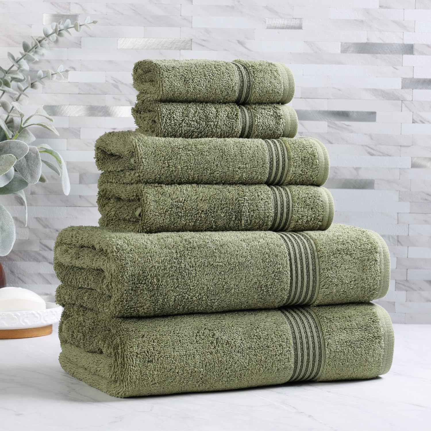 Superior Egyptian Cotton 6-Piece Towel Set, Assorted Towels, Home Bathroom, Master, Guest Bath, Decor Essentials, Includes 2 Bath, 2 Hand, 2 Face Towels/Washcloths, Quick Dry, Absorbent, Forest Green