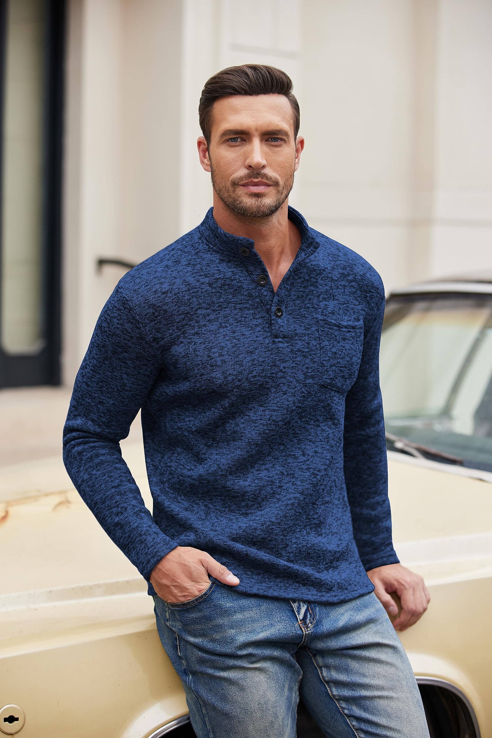 COOFANDY Henley - Maglione da uomo a maniche lunghe, peso medio, morbido, con tasca sul petto