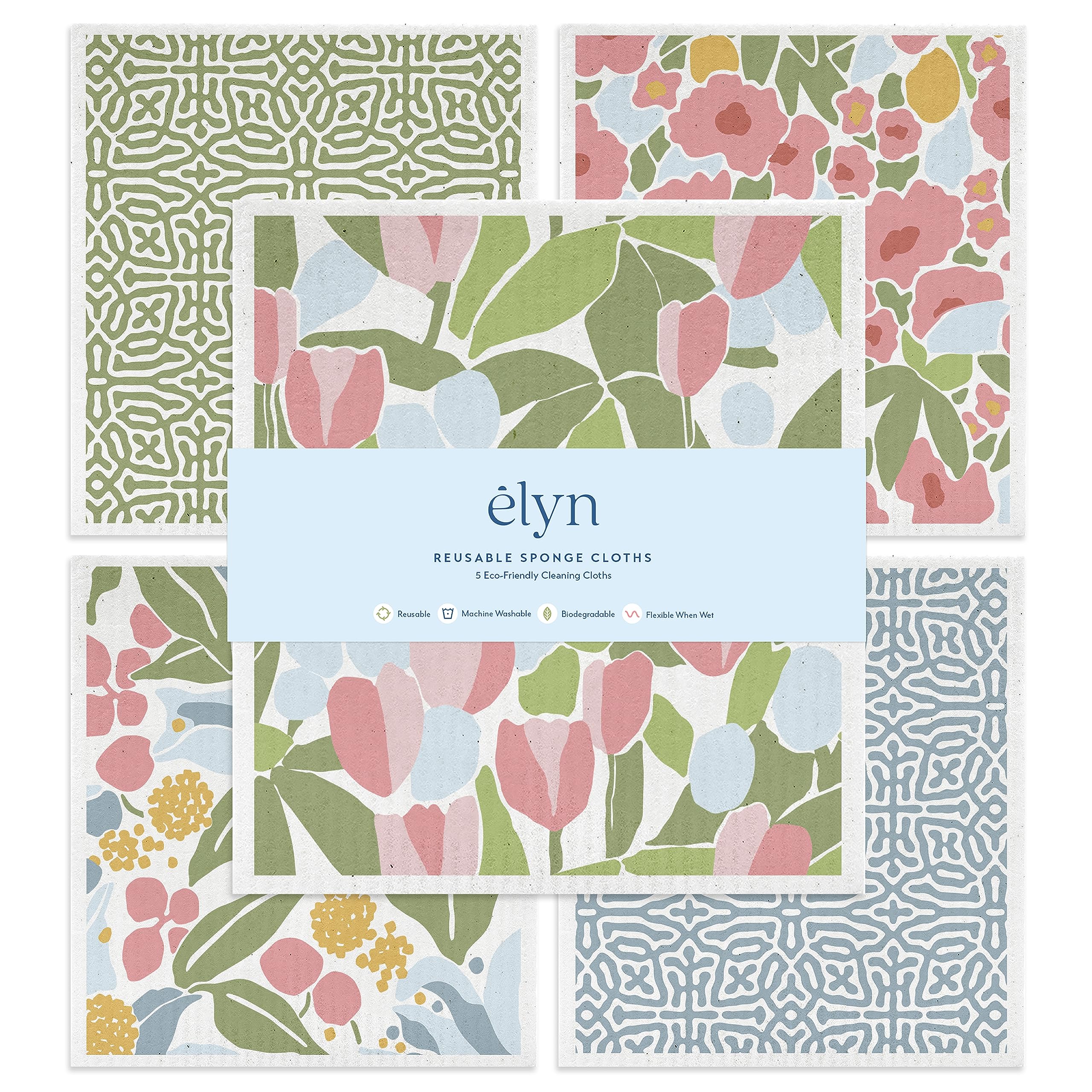 ELYN Swedish Dishcloths, Reusable & Washable Sponge Cloths, Absorbent Cleaning Paper Towels for Kitchen, Dishes, Counters and More, 5 Pack, Assorted Geo & Floral Pattern