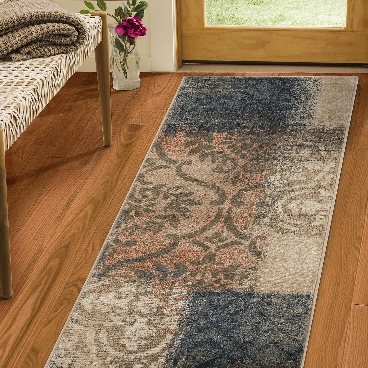 BNM Indoor Runner Area Rug with Jute Backing, Perfect for Office, Living Room, Bedroom, Entryway, Dorm, Kitchen, Geometric Floral Patchwork Decor, Bristol Collection, 2'7" x 8', Midnight Navy-Salmon