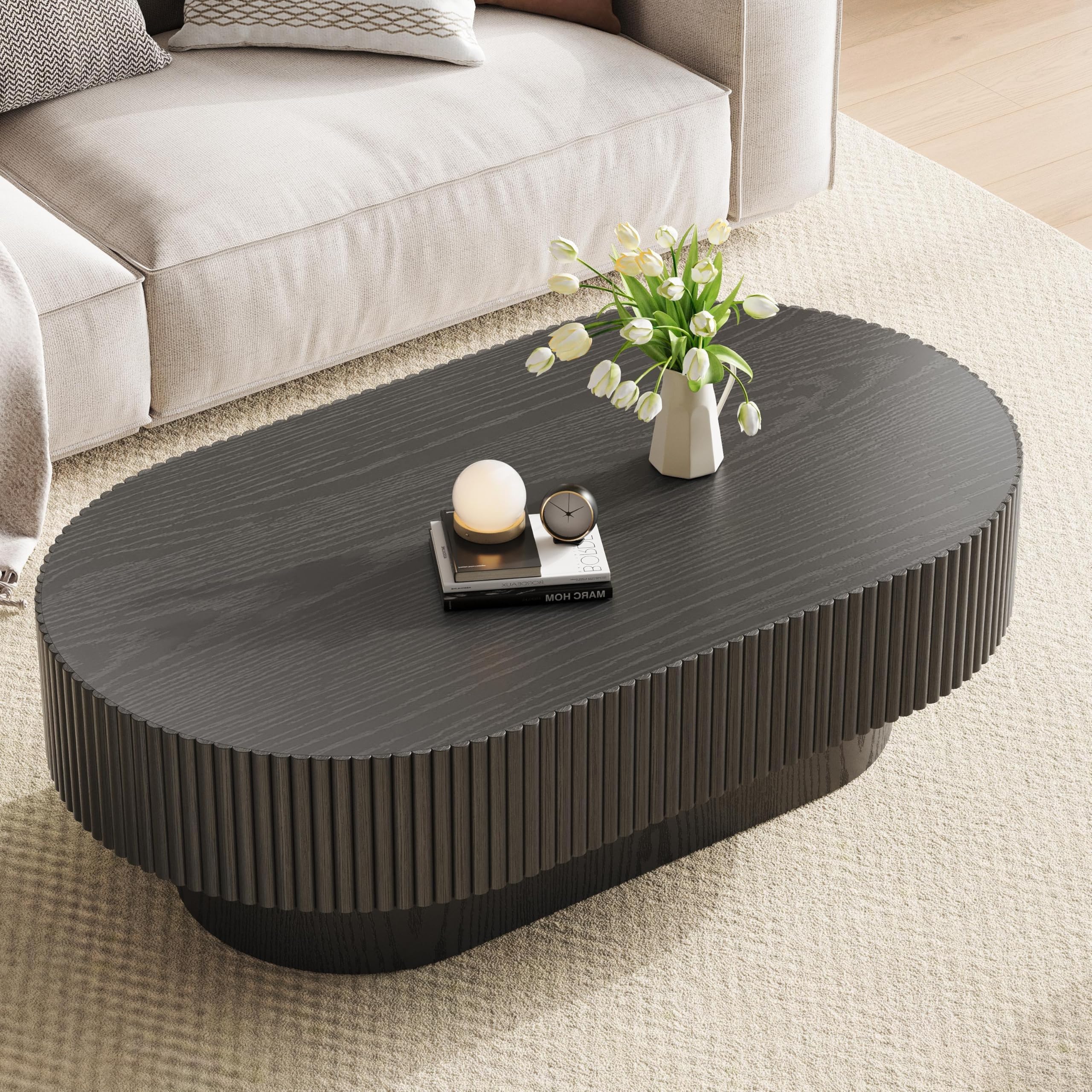 YOUDENOVA 43.7” Oval Coffee Table, Modern Wood Fluted Coffee Table for Living Room, Veneer Handcrafted Relief Center Table with Sturdy Pedestal，Easy Assembly - Black