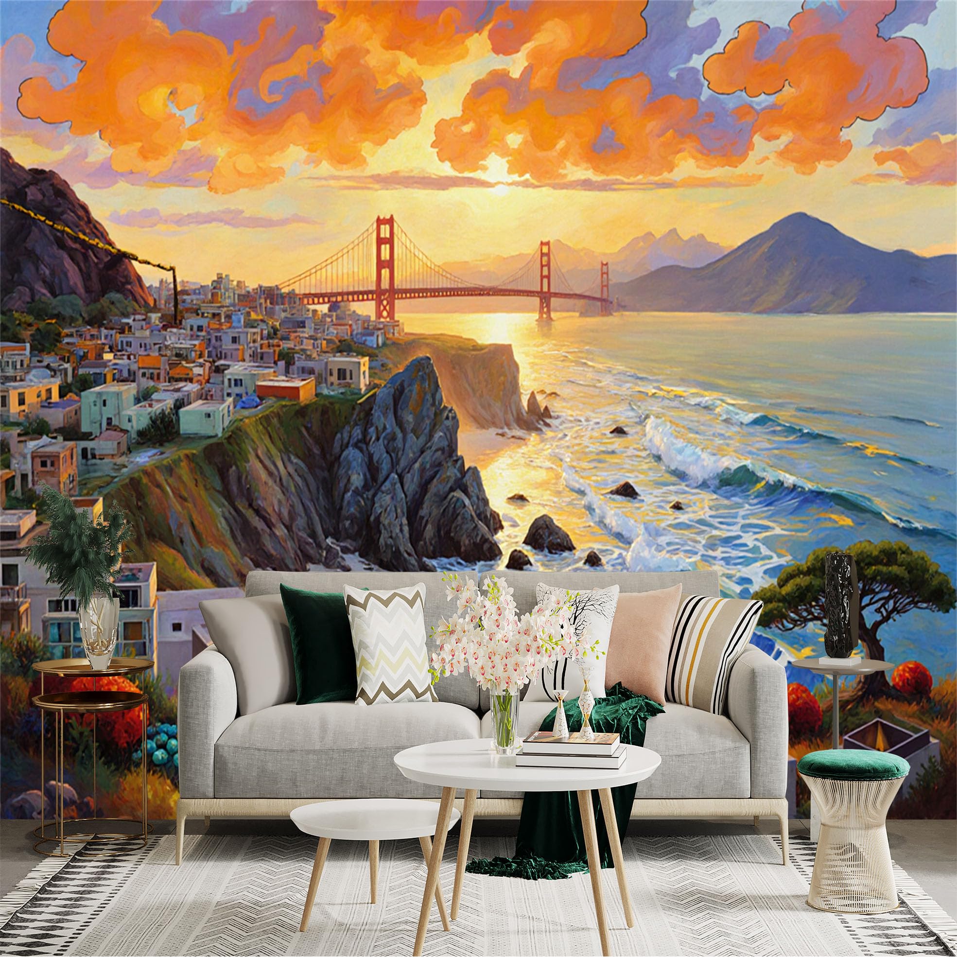 Custom Size Wall Sticker Mural， Sunset Coastal City with Bridge， Ocean Waves and Colorful Sky， for wall Decoration， peelandstick wall Decals.