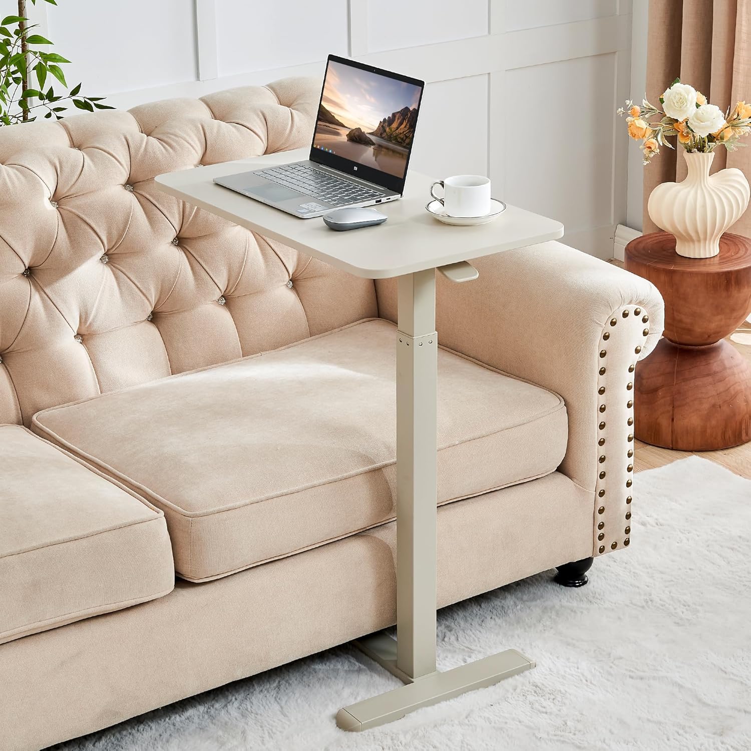 Overbed Table with Hidden Wheels, Height Adjustable Medical Bedside Table
