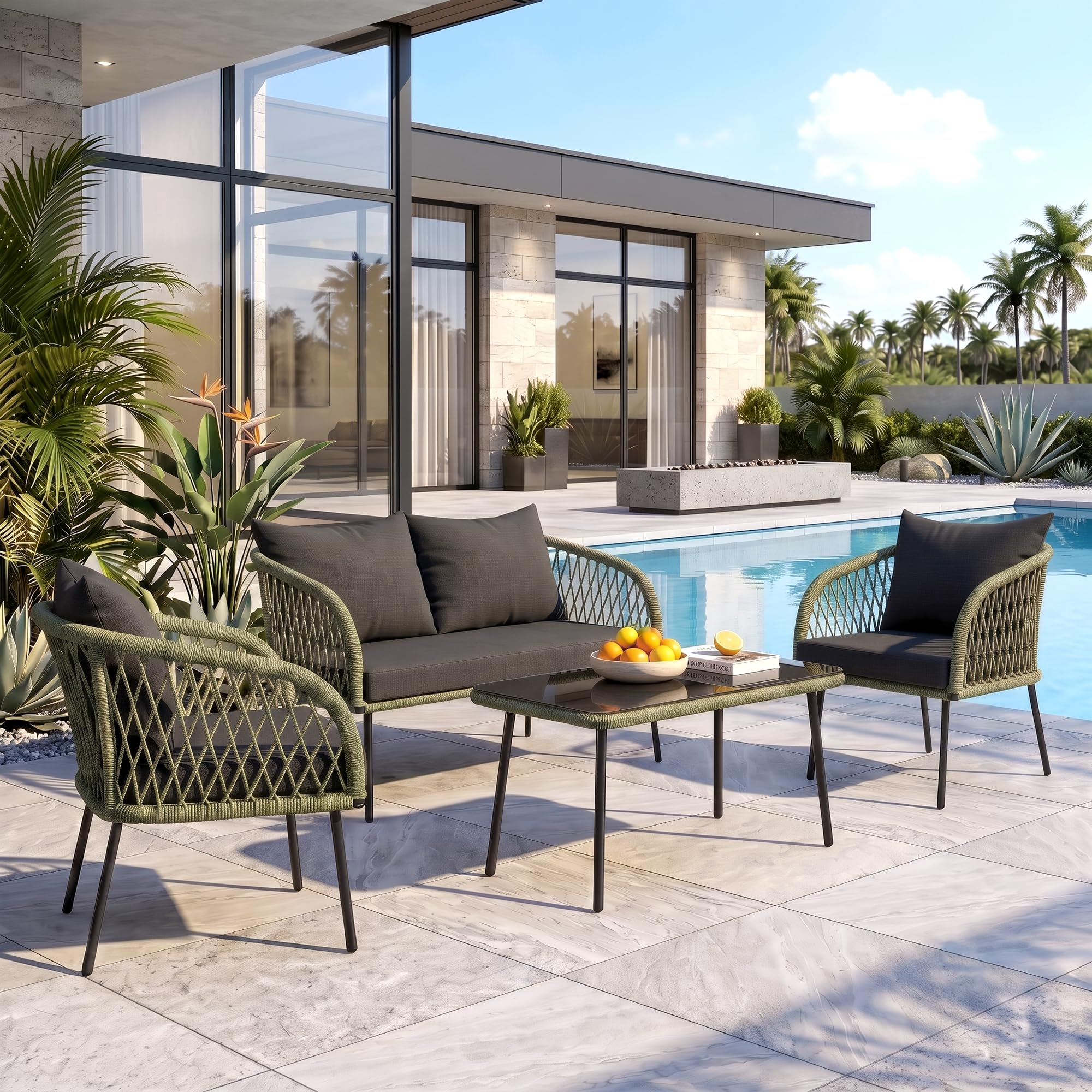 Amazon Brand - Solimo Braid Kale Rope & Metal Frame Outdoor 4-Seater Sofa Set with Tempered Glass Top Center Table, Water-Repellent Cushions & Handwoven Design for Garden and Balcony (Green and Black)-image-15