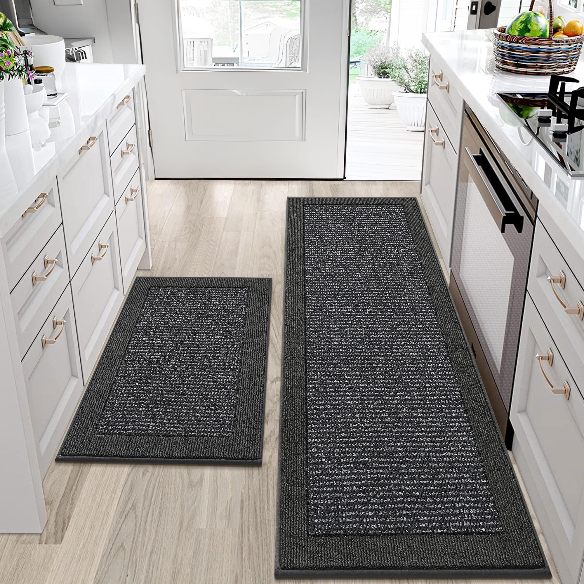 BEQHAUSE two-piece charcoal kitchen rug set
