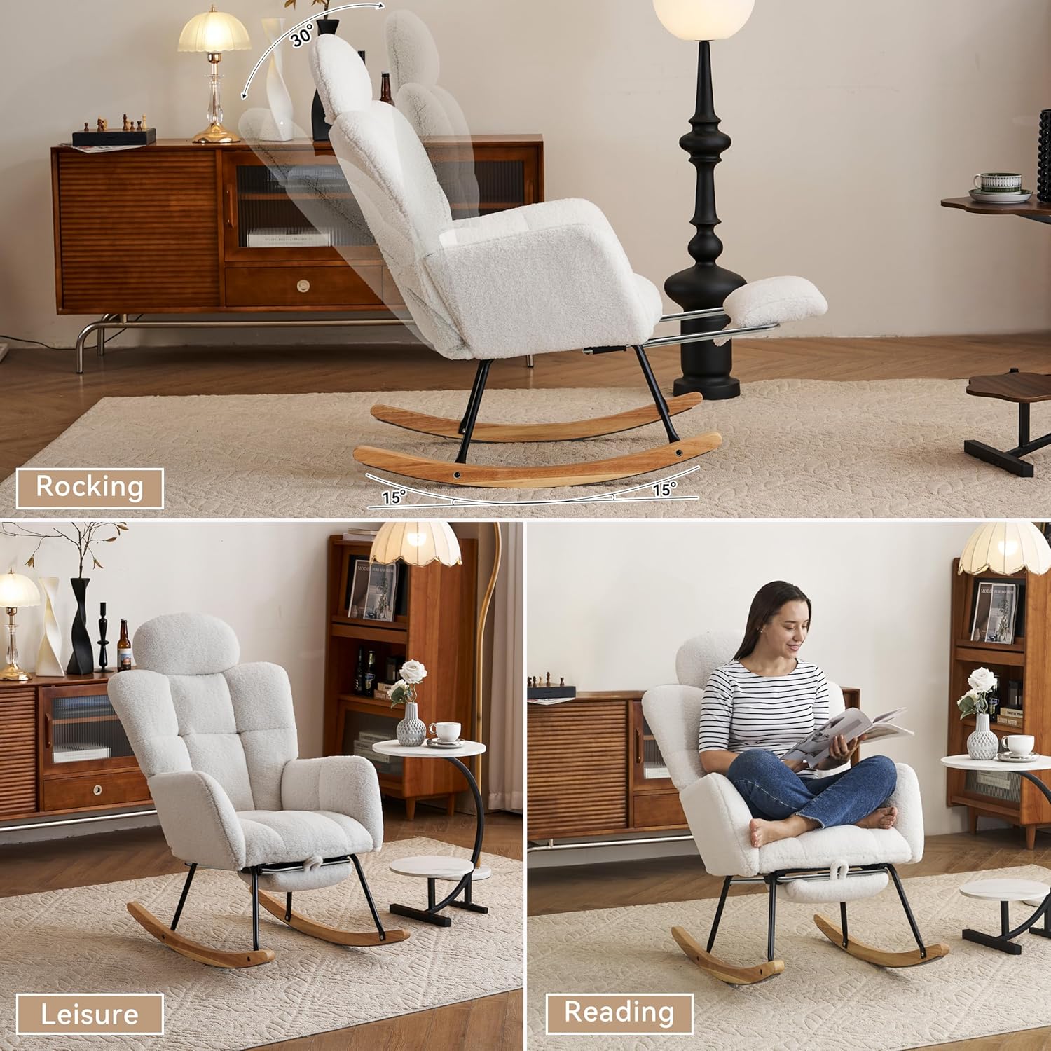 Modern Teddy Fabric Leisure Rocking Chair with Pillow Adjustable Footstool, High Backrest, Storage Pocket On The Right Side, Nursery Rocking Chair for Living Room, Bedroom, Nursing Room, Lvory