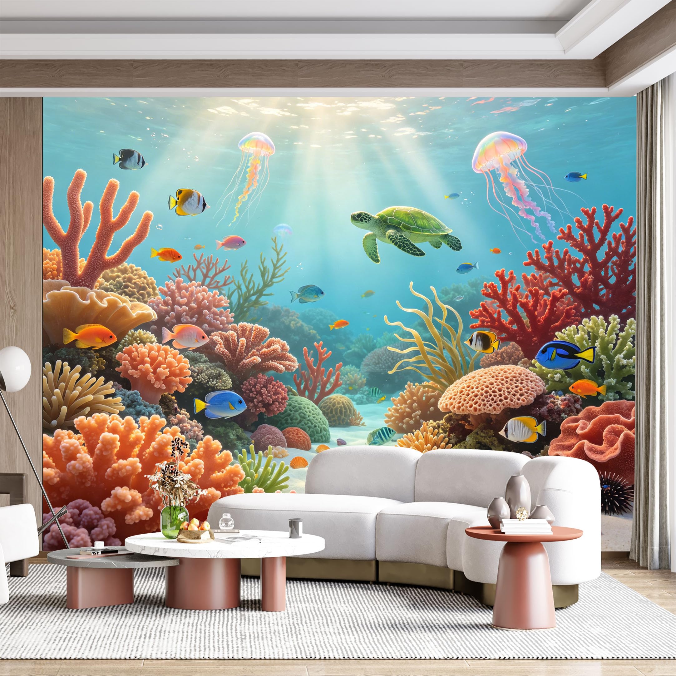 Custom Size Wall Mural Ocean Sea Turtle Coral Reef Fish Jellyfish Marine Life SelfAdhesive Wall Fabric Removable for Home Office Decor