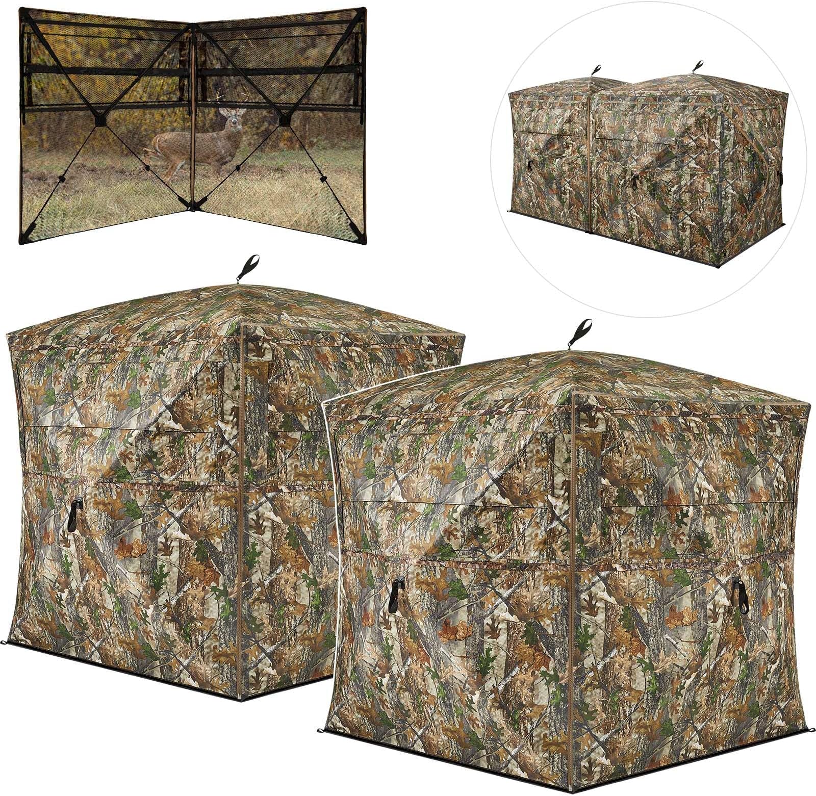 TIDEWE Hunting Blind, Double Ground Blinds 270° See Through for 3-in-1 Use, 4-6 Person Pop Up Portable Hunting Tent Includes Carrying Bags for Deer & Turkey Hunting (Forest Fade Camo)