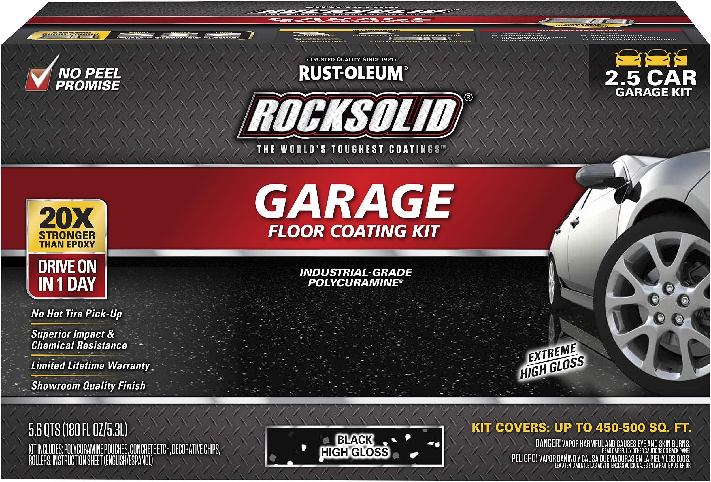 Rust-Oleum 318697 RockSolid Polycuramine Garage Floor Coating, 2.5 Car Kit, High Gloss Black
