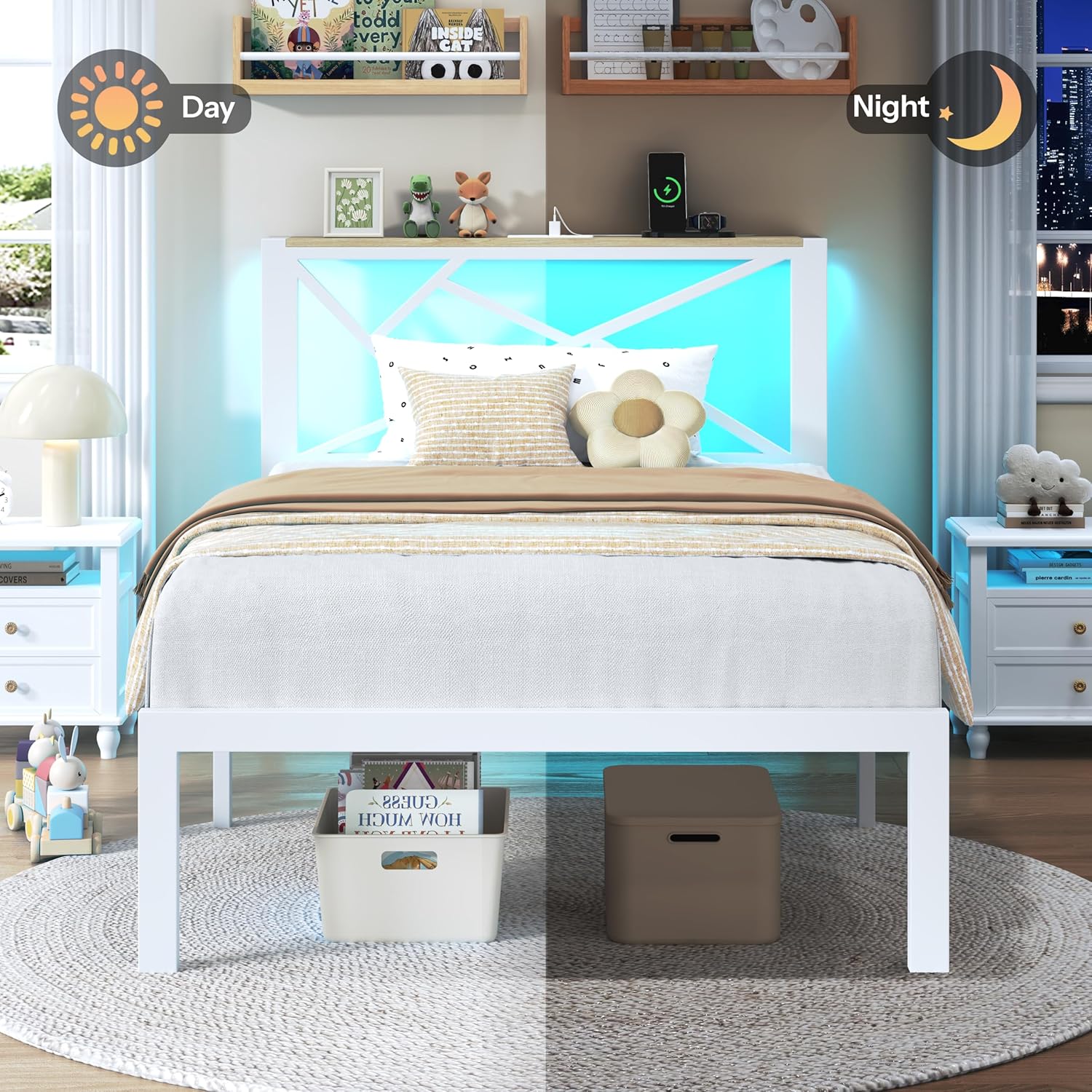 Twin Size Metal Bed Frame with LED Lights, Storage Headboard with Charging Station, Modern Twin Platform Bed with Heavy Duty Supports, No Box Spring Needed, Noise Free, Easy Assembly, White