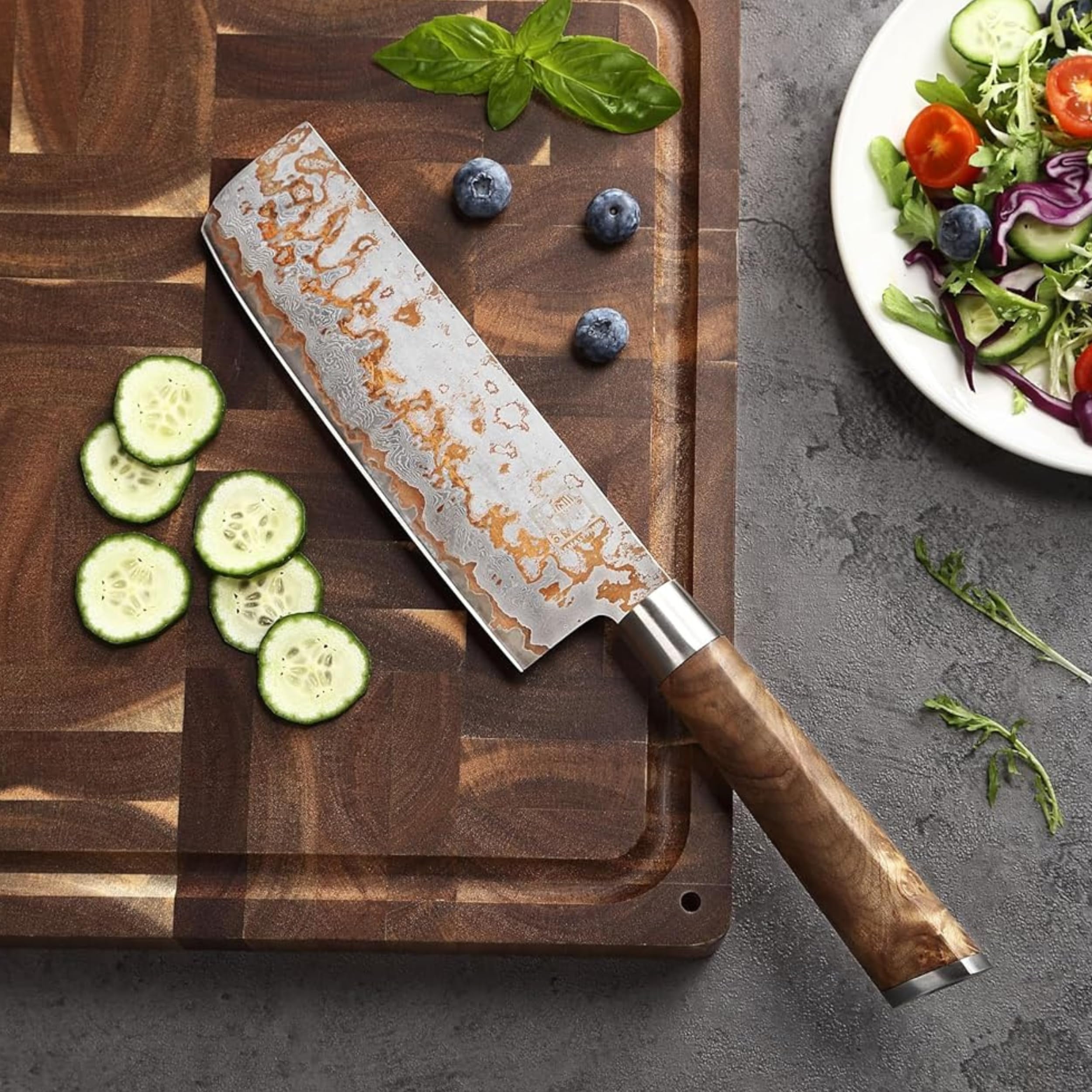 zayiko MysticMagma Nakiri Damastmesser - 17 cm Klinge aus 67 Lagen Damaststahl mit Kupfer- und Bronze-Einlage, DualCurve Griff aus Ahornwurzelholz, Holzbox