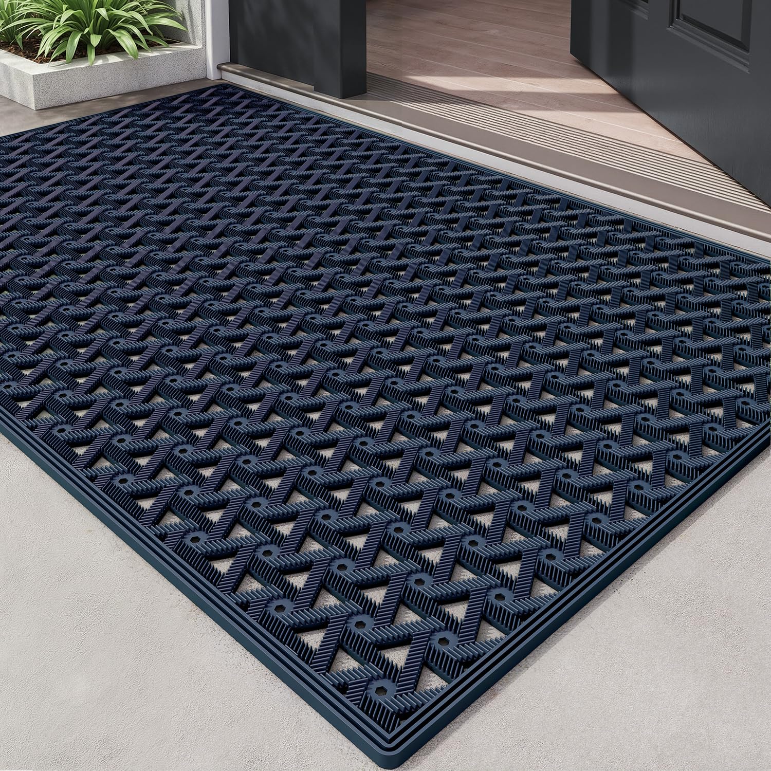 DEXI Outdoor Door Mat 81 x 122 cm, Non Slip Dirt Trapper Doormats Waterproof with Drainage Holes, Low Profile Entry Mats for Entrance, Patio, Garden, Navy