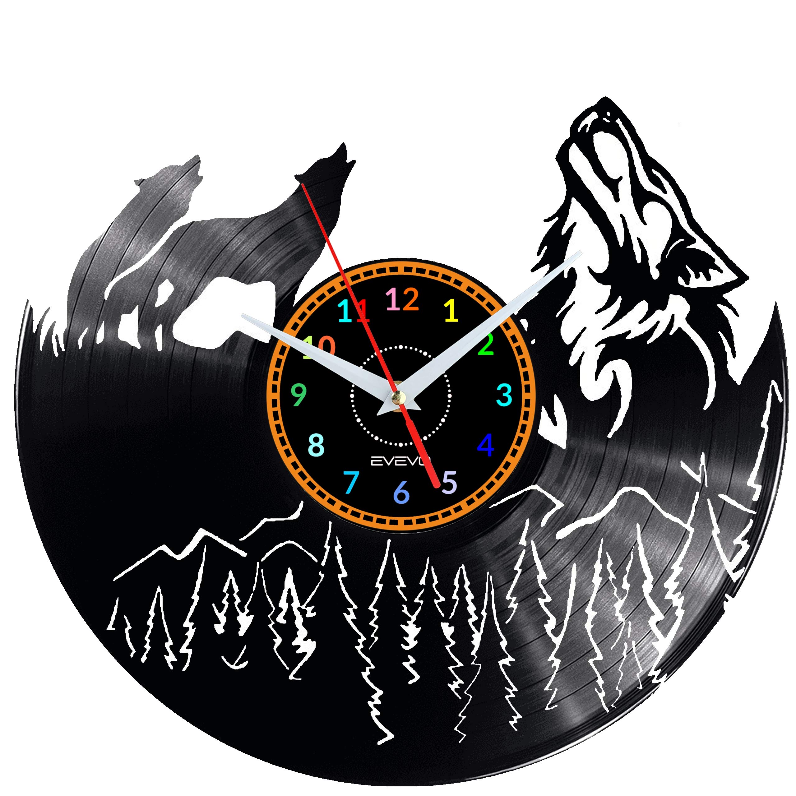 Horloge loup en vinyle cadeau original pour amoureux de nature