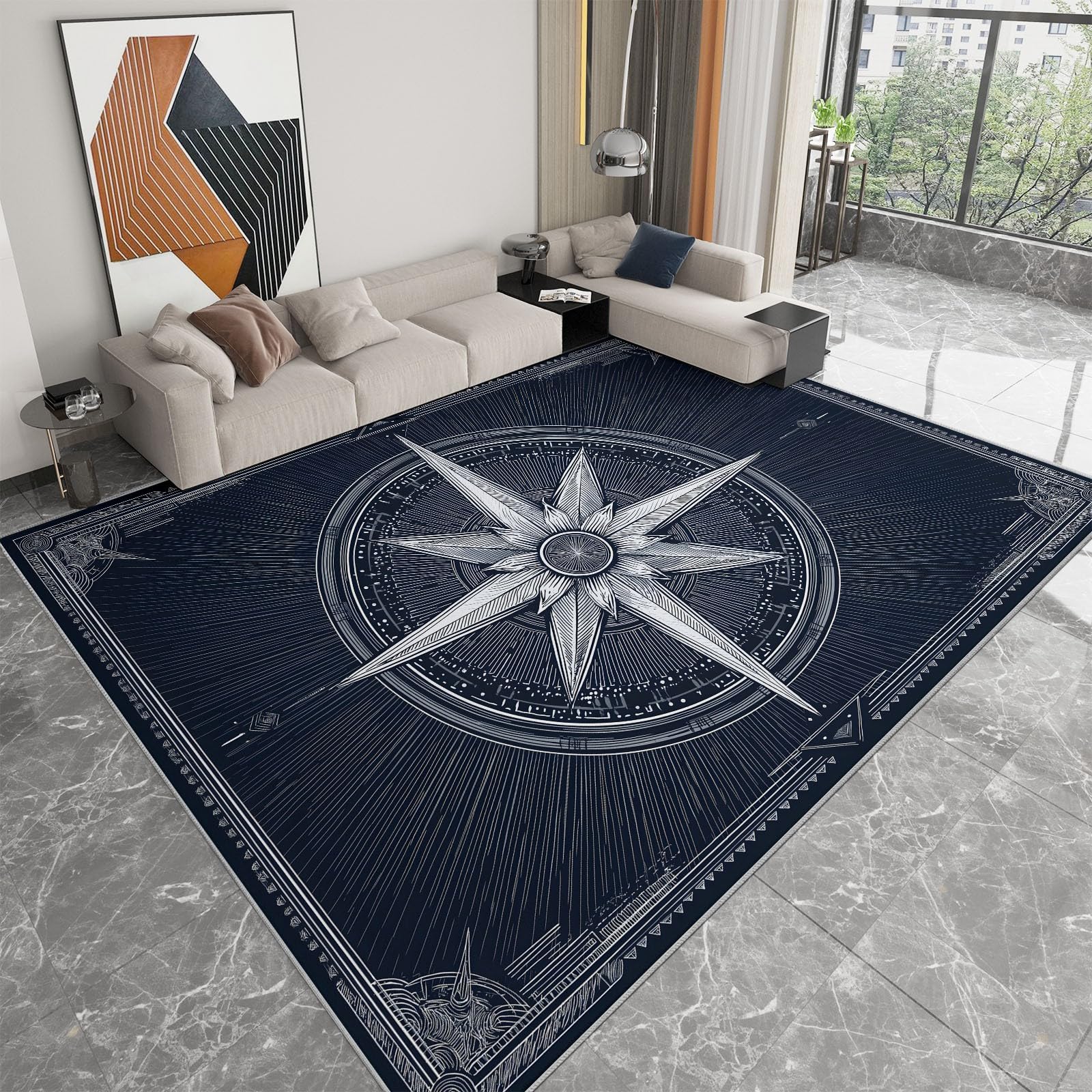 Tapis salon lavable moderne boussole bleue 60x120cm antidérapant