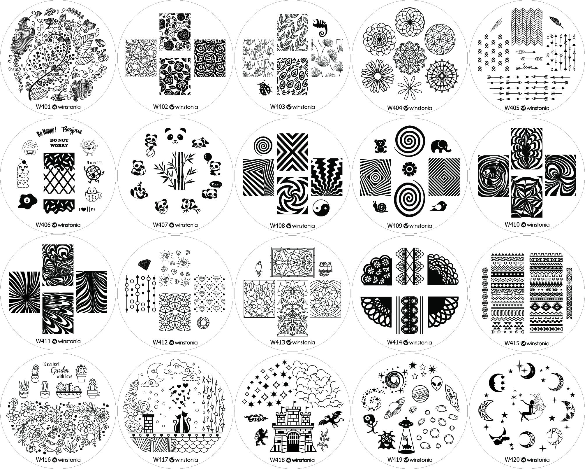 Nail Art Stamping Plate 20 pcs Bundle Set Manicure Decoration Templates - Water-marbling, Floral, Galaxy, Fantasy, Lace, Pandas and more