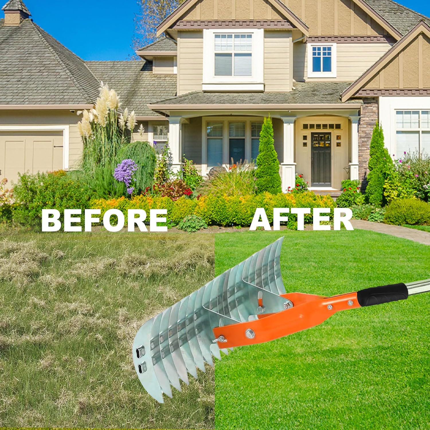 Thatch Rake,15" Lawn Dethatcher Rakes,Dead Grass Remover,Manual Dethatching Rake with Adjustable Length Handle,Scarifier Rake,Thatching Rakes for Lawns Grass Loosening Soil