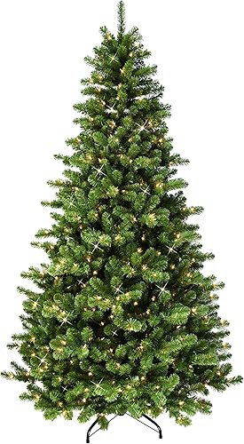 Puleo International Árbol de Navidad artificial de abeto Vermont de 7.5 pies con poste iluminado y 550 luces incandescentes transparentes con