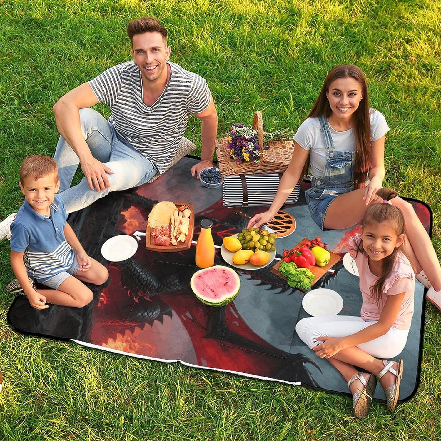 Fantasy Dragon Picnic Blanket 150x100cm, Foldable 2-in-1 Picnic Mat and Tote Bag Portable Waterproof Beach Mat Sandproof Outdoor Blanket for Park, Hiking, Beach, Camping, Travel