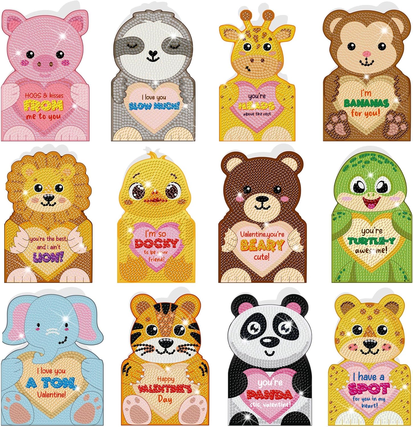 Saillong 12 Pack Valentine Gifts Diamond Painting Greeting Cards with Animal Design Diamond Art Card with Envelope Valentine's Day 5D Rhinestones Painting Making Kits for Adult DIY Craft Family Friend