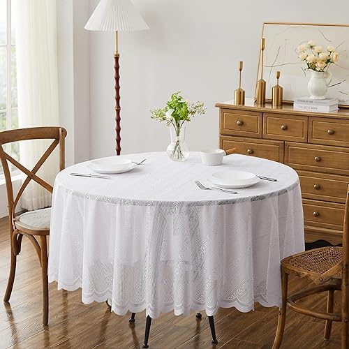 Miniatura 5 de LINENZONE Mantel redondo de encaje con elegante fondo festoneado para cualquier evento especial como boda, fiesta de cumpleaños, baby shower,