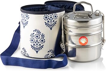 Thermally Insulated Blue Indian Leaf Tiffin Bag Carrier for 3-Tier Tiffin