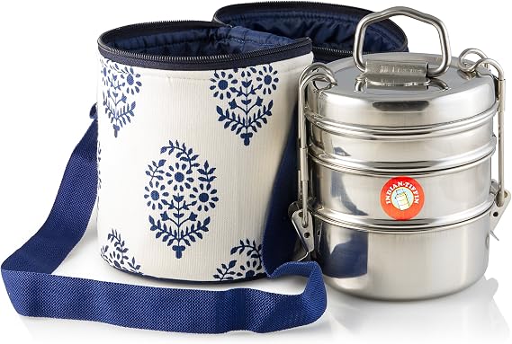 Thermally Insulated Blue Indian Leaf Tiffin Bag Carrier for 3-Tier Tiffin