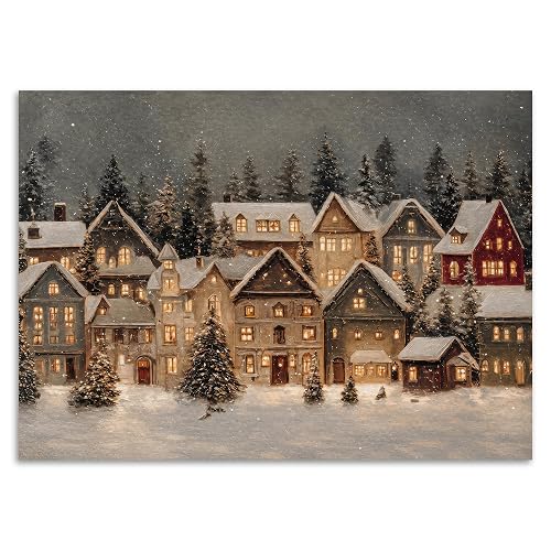 Christmas Snowy Village Canvas Wall Art, Snow Covered Glowing Cottage