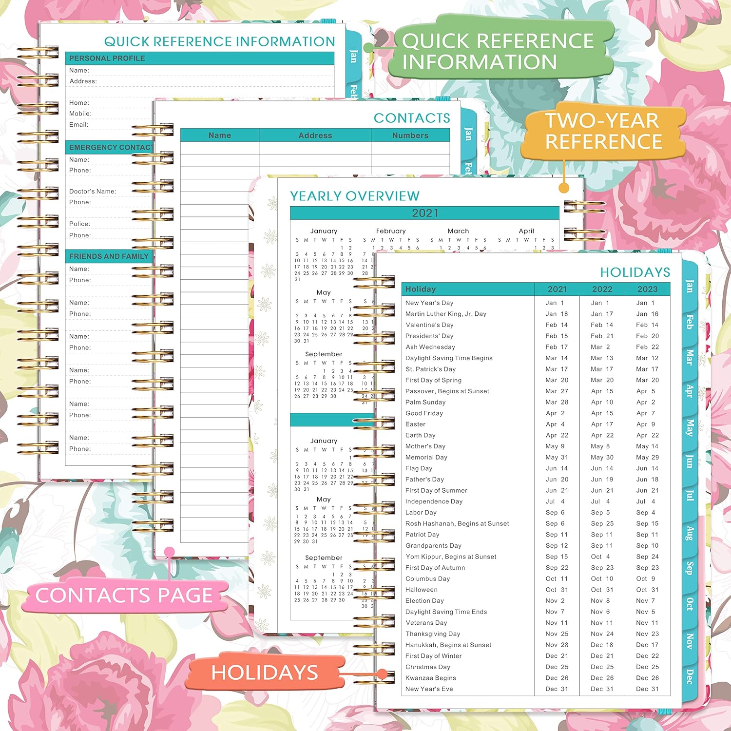 Planner 2021- Weekly & Monthly Planner, 8.5" x 6.4", January 2021 - December 2021, Flexible Floral Hardcover with Strong Golden Binding, Elastic Closure, Coated Tabs, Inner Pocket