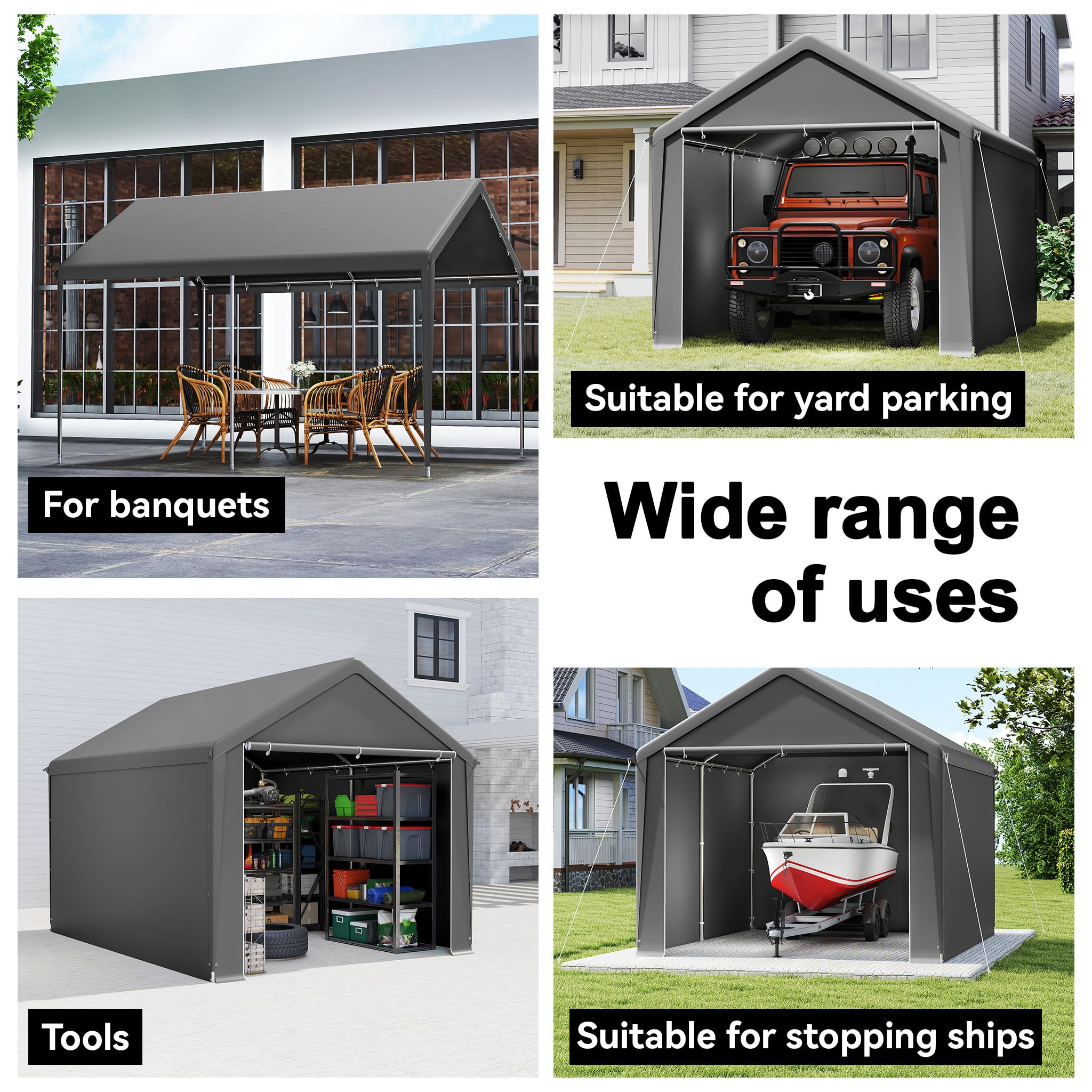UISEBRT Tienda de almacén, 3 x 4 m, impermeable, con robusto toldo de PE y estructura de acero, ideal como garaje para herramientas, herramientas de jardín, paletas (gris)