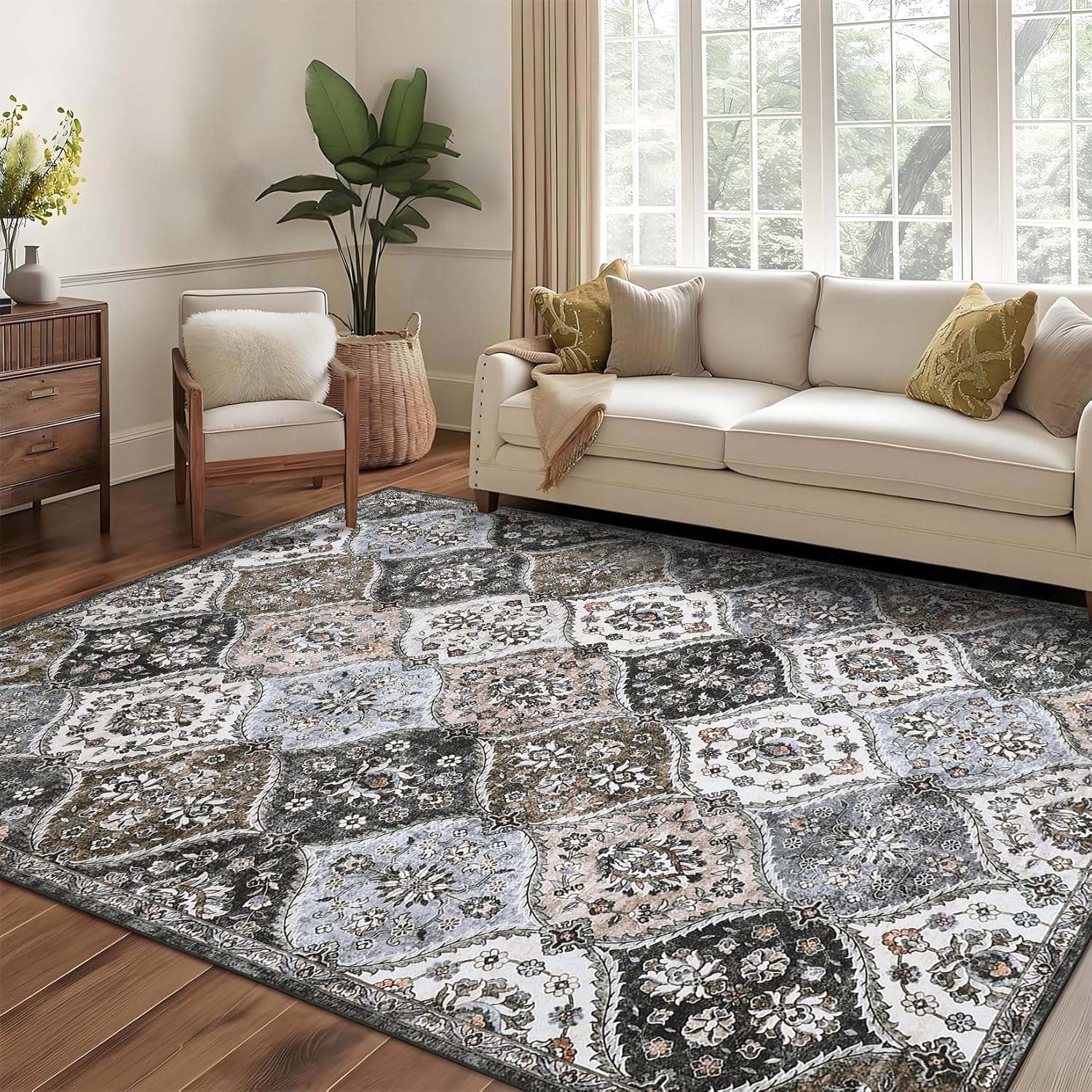 Washable Area Rug 8x10 Rug Vintage Living Room Rug Non-Slip Large Area Rug, Stain Resistant and Low Pile Faux Wool Oriental Carpet, Vintage Printed Rugs for Dining Room, Bedroom, Gray Coffee