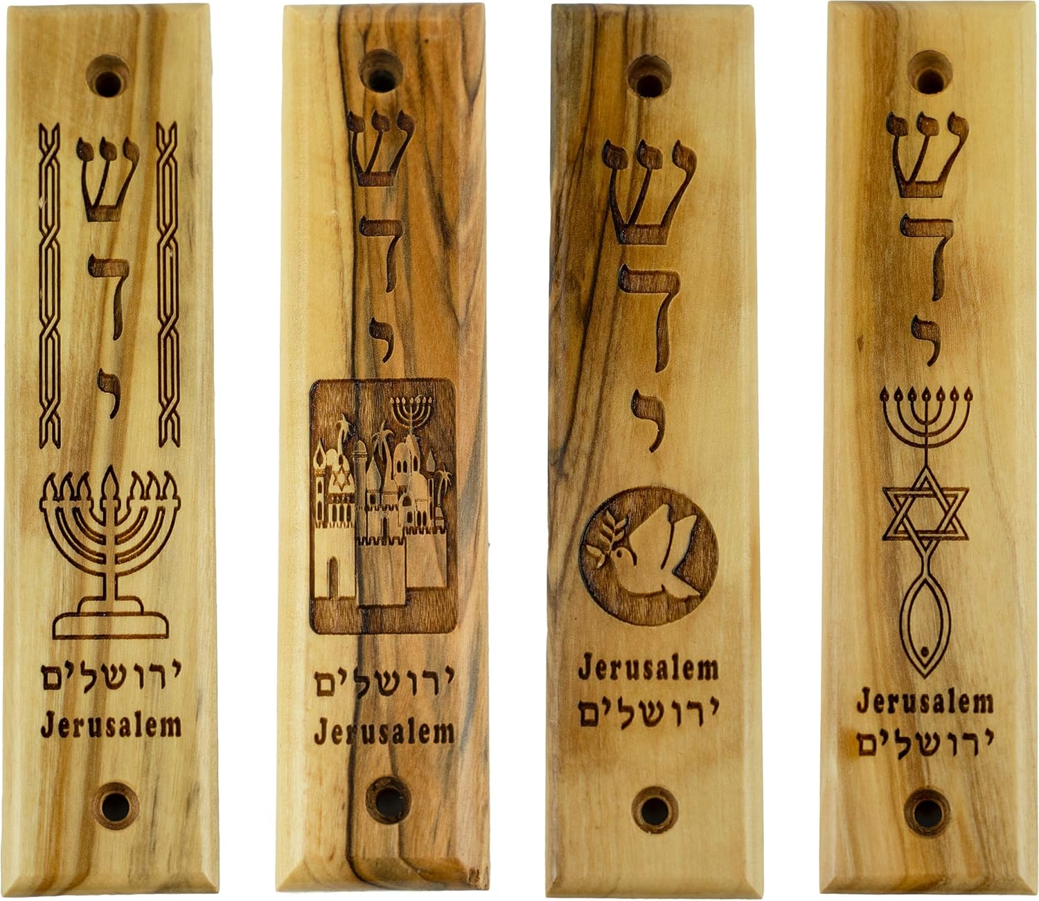 Logos Trading Po 4 Olive Wood Mezuzahs with Scrolls, Made
