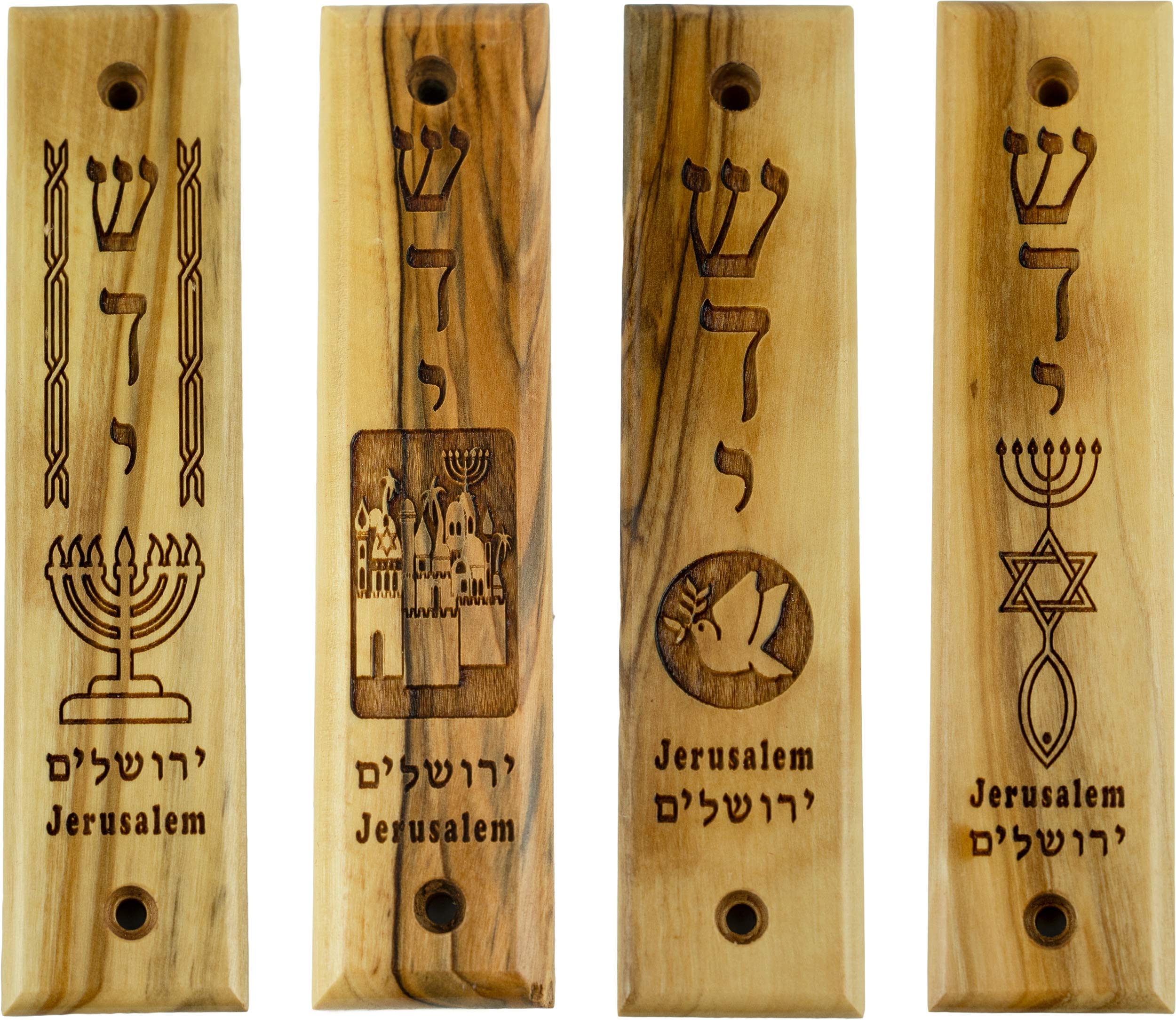 Logos Trading Po 4 Olive Wood Mezuzahs with Scrolls, Made in Israel, Includes Parchment Prayer Scroll, Jewish & Messianic Holy Land House Wall Art, Bulk Assortment of 4 - Variety Pack #2, (ow-ast15)