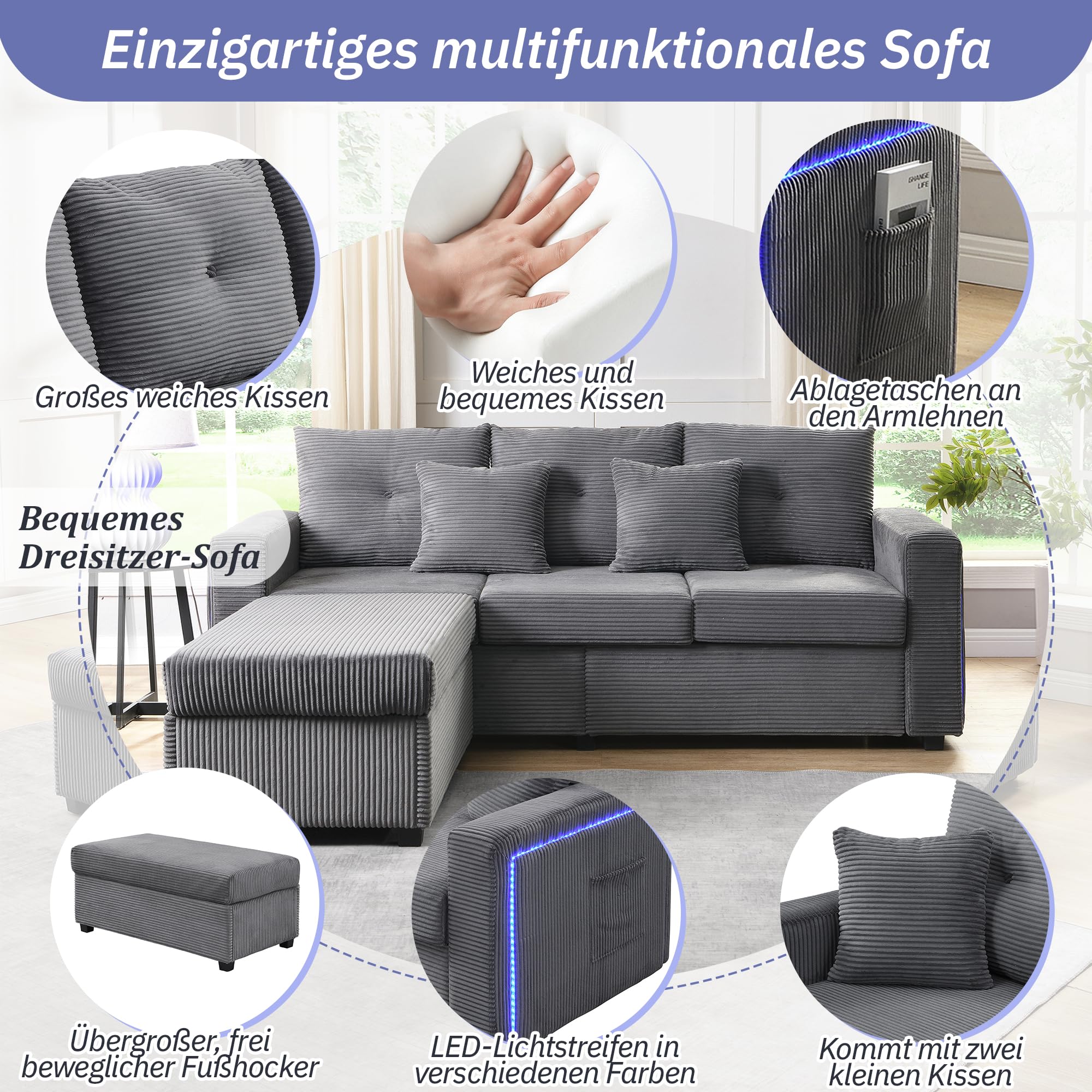 Divano angolare modulare a forma di L in tessuto a coste, divano con funzione letto, divano con illuminazione a LED, tasche laterali, sgabello regolabile e 2 cuscini, per soggiorno e camera da