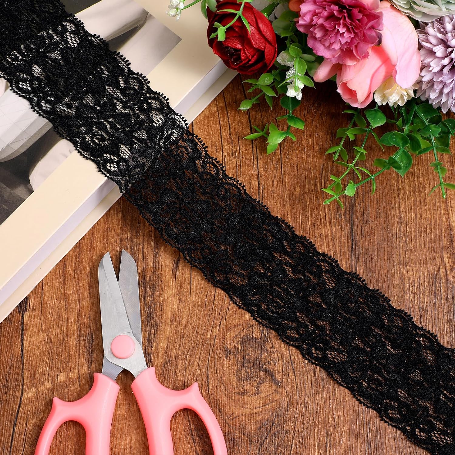 5 Yards Black Lace Ribbon, 2.36" Wide Stretchy Black Lace Trim, Vintage Floral Trim for Sewing, DIY Crafts, Gift Wrapping, Wedding Decoration