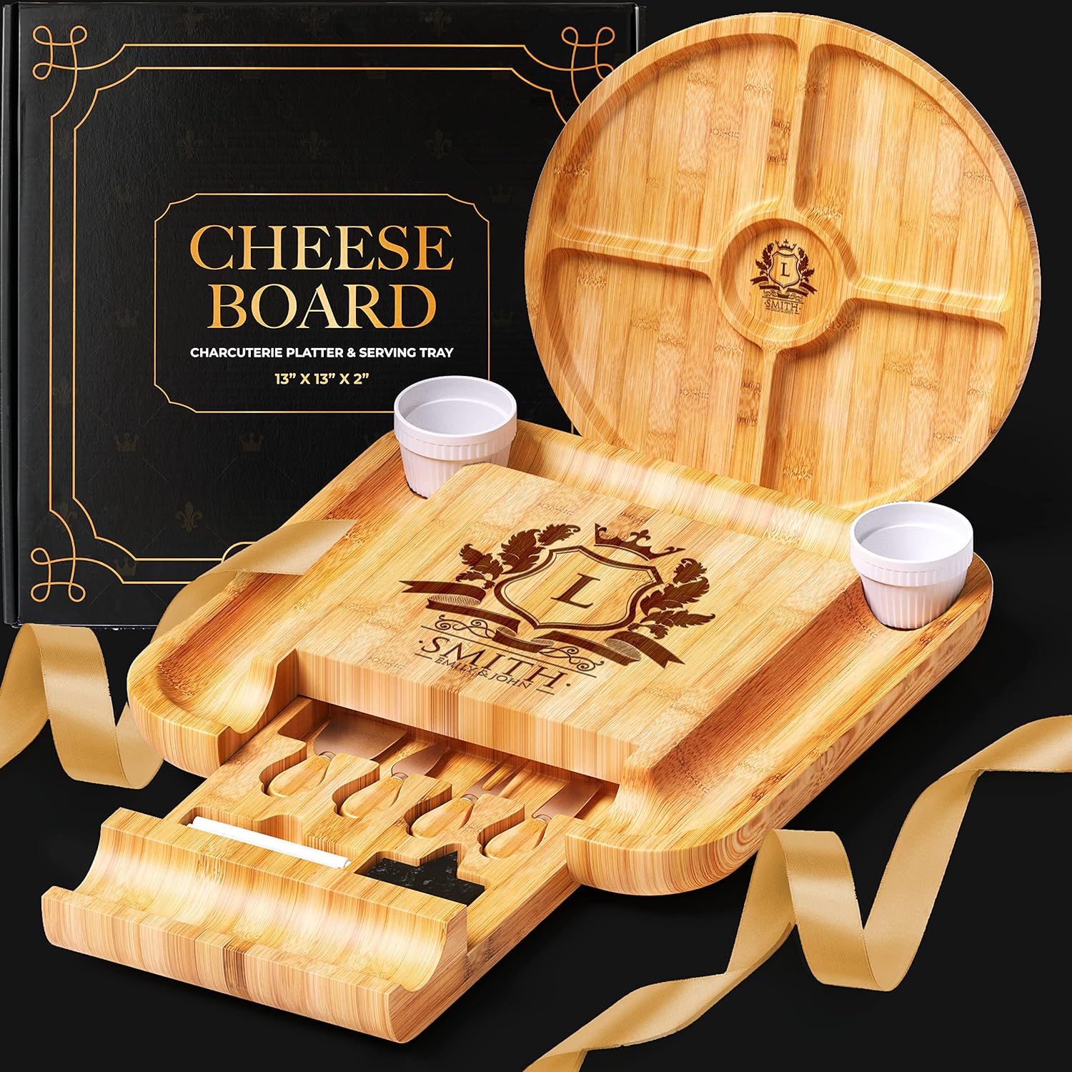 LUXTOMI Personalized Cheese Board Set Royal Designs with Initials - Large Charcuterie Platter & Serving Tray Including 4 Stainless Steel Knives - Perfect for Housewarming (Design 06)